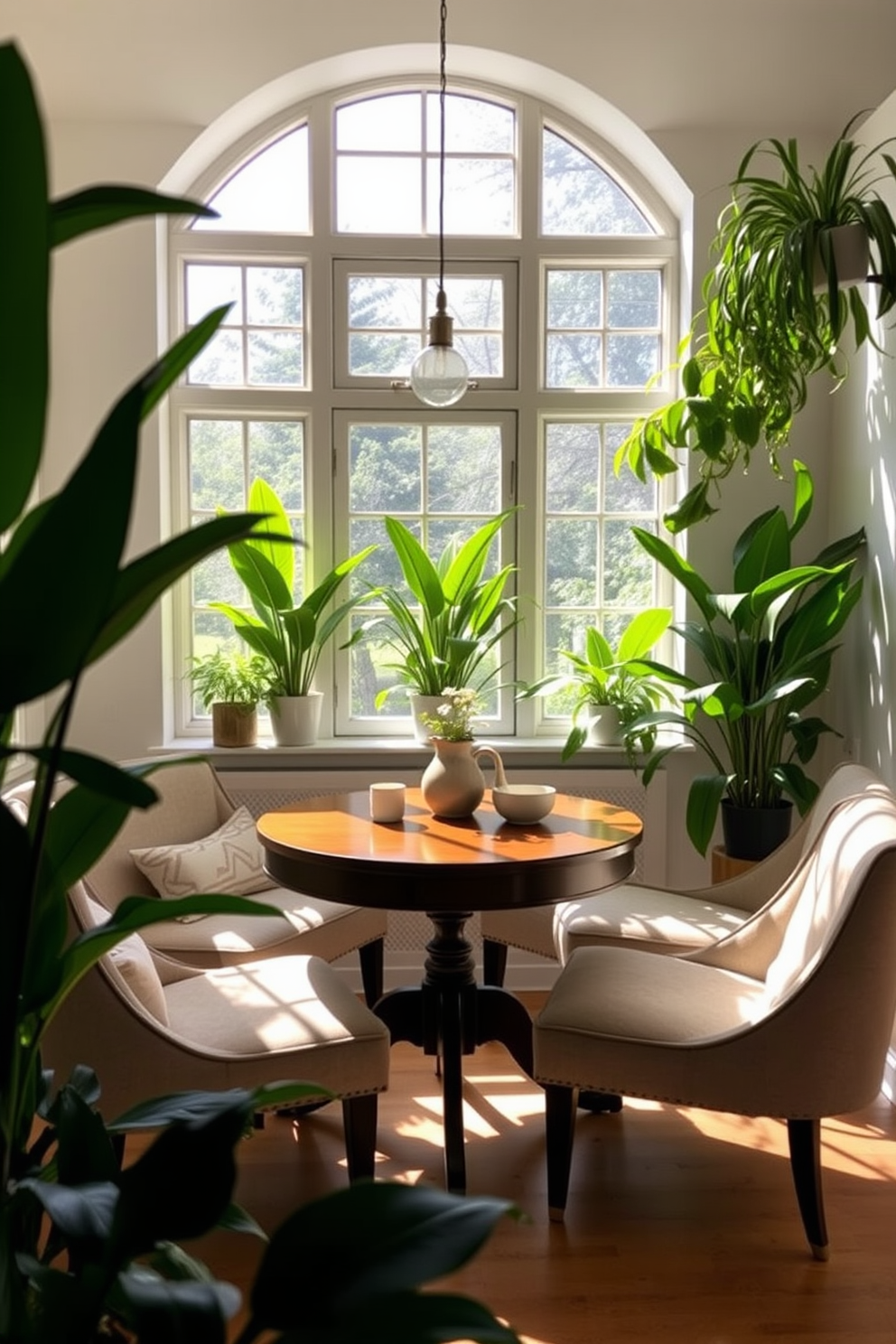 A vibrant breakfast nook featuring a round wooden table surrounded by colorful upholstered chairs. The walls are adorned with lively wall art that adds a cheerful vibe to the space.