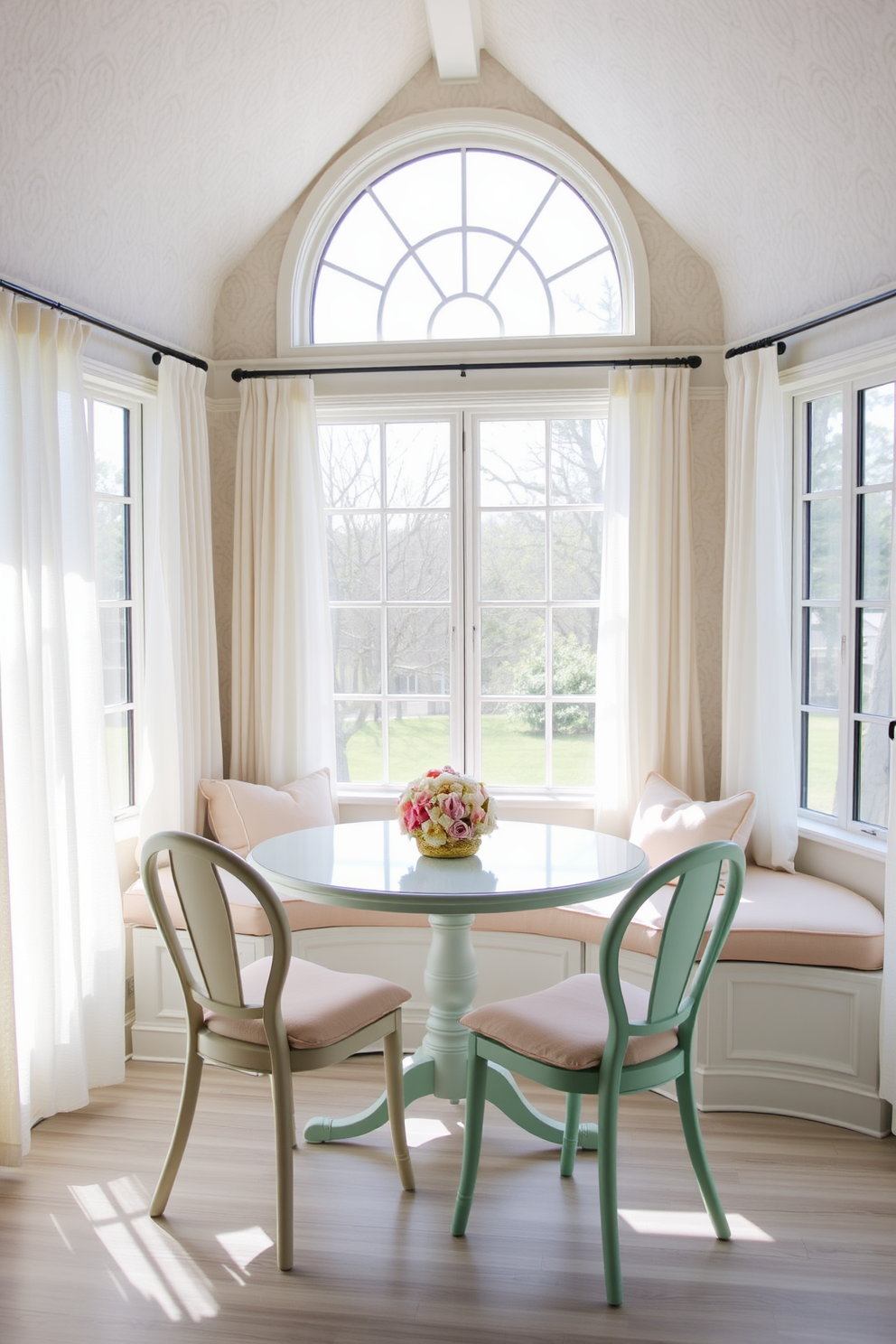 A cozy breakfast nook bathed in soft pastel hues creates a serene atmosphere. The round table is adorned with a delicate floral centerpiece, surrounded by cushioned chairs in light pink and mint green. Natural light pours in through large windows, highlighting the subtle texture of the pastel wallpaper. A built-in bench with plush cushions offers a perfect spot for leisurely morning meals, complemented by soft, sheer curtains fluttering gently in the breeze.