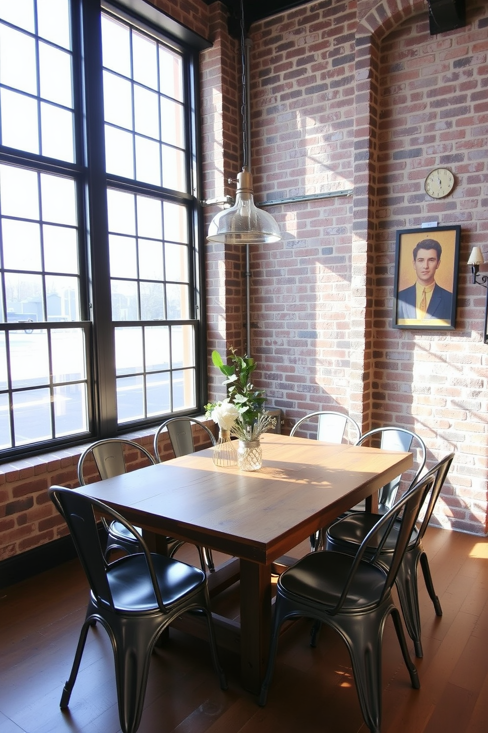 A cozy breakfast nook featuring a reclaimed wood table surrounded by metal-framed chairs. Large industrial-style windows let in natural light, highlighting the exposed brick walls and pendant lighting above the table.