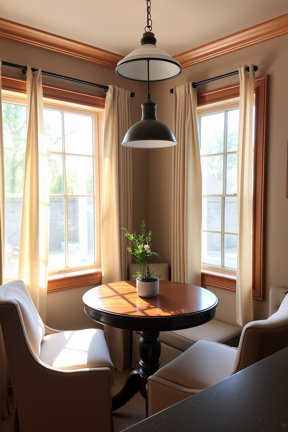 A cozy nook by the window bathed in natural light features a round wooden table surrounded by plush upholstered chairs. Soft curtains frame the window, allowing sunlight to filter in while a small potted plant adds a touch of greenery to the space. The walls are painted in a warm neutral tone, creating an inviting atmosphere that complements the wooden accents. A stylish pendant light hangs above the table, enhancing the charm of this intimate breakfast nook.