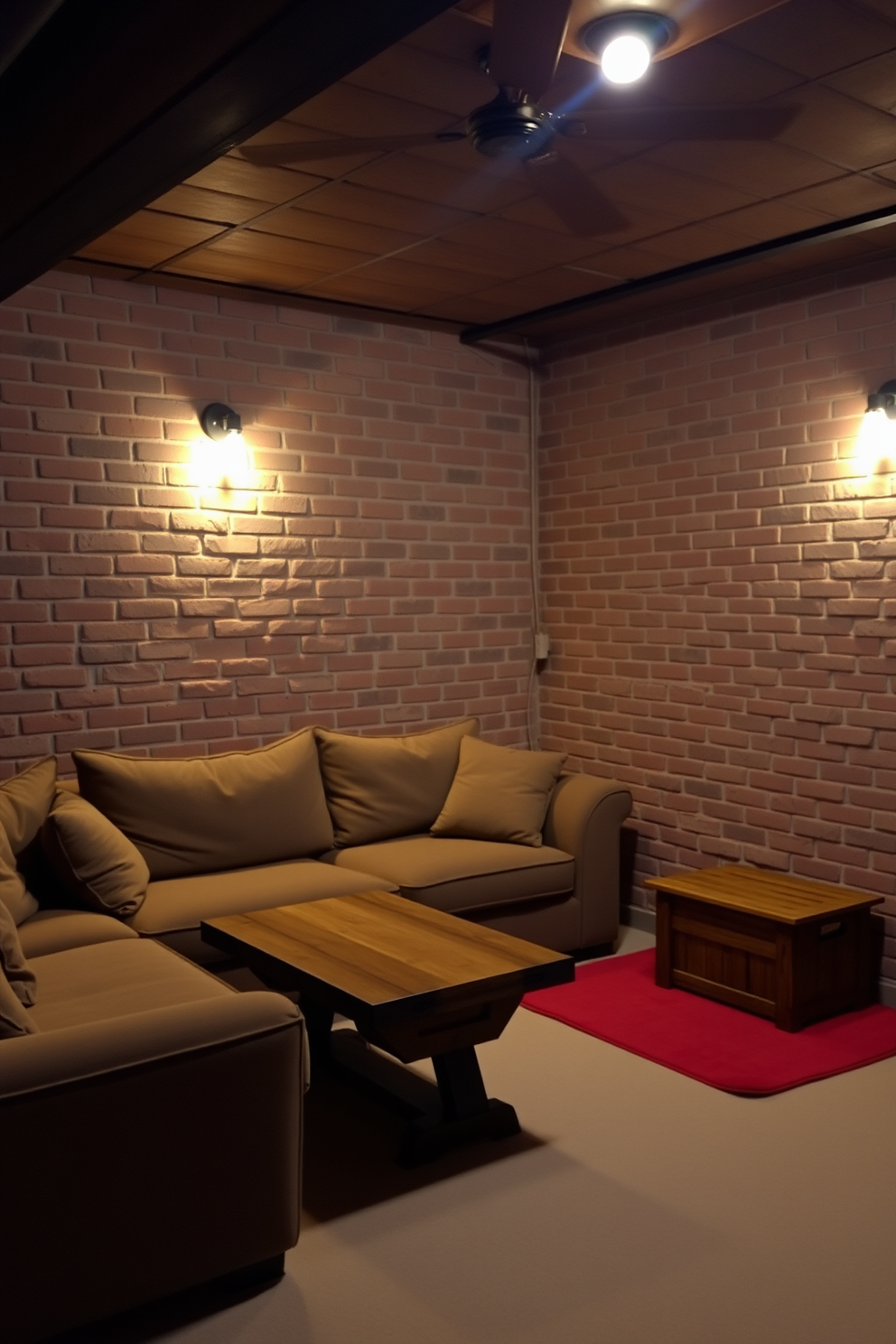 A cozy brick basement featuring an exposed brick wall illuminated by warm, ambient lighting. The space is furnished with a plush sectional sofa and a rustic wooden coffee table, creating an inviting atmosphere for relaxation.