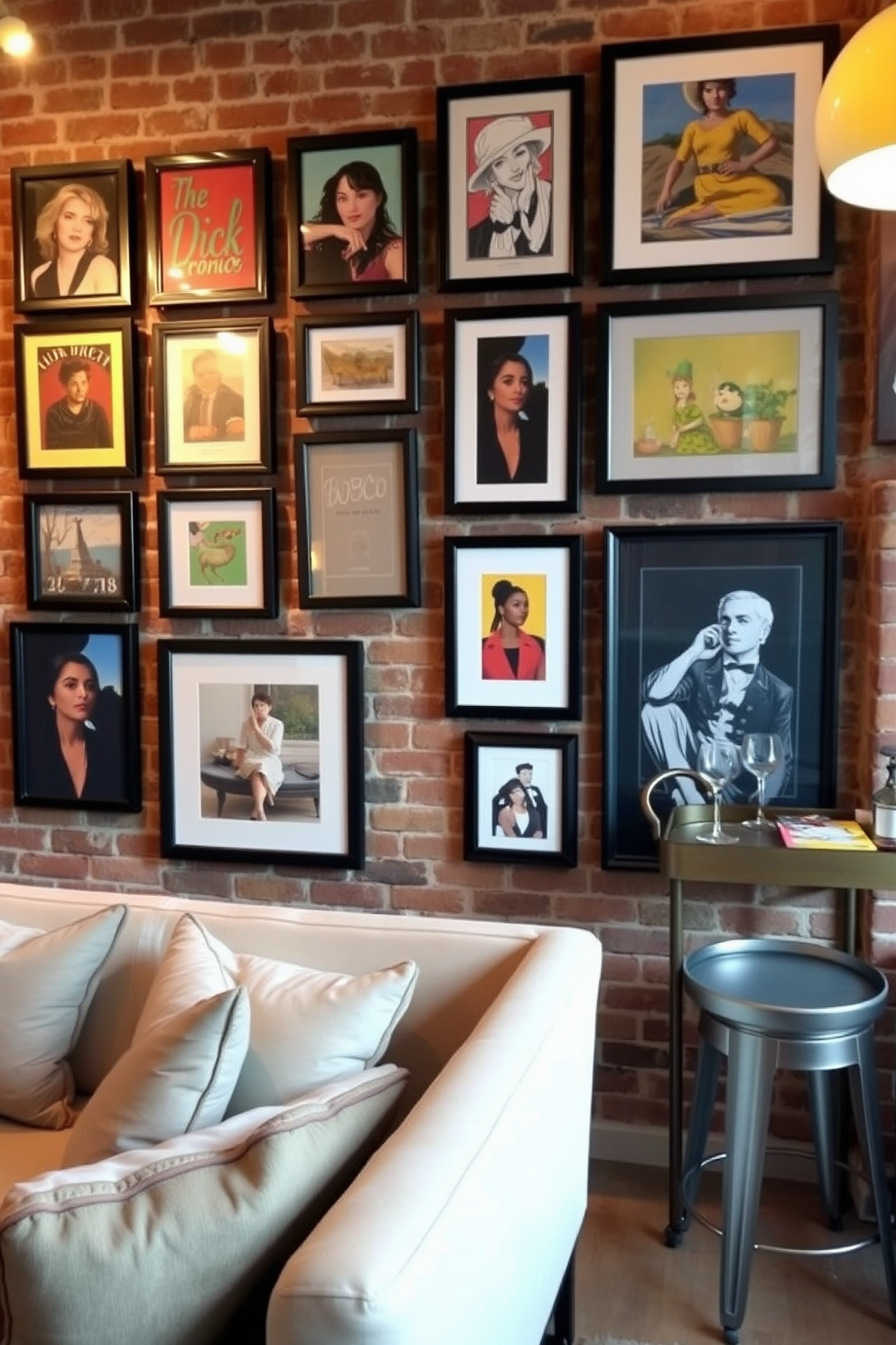 A creative art gallery wall features an eclectic mix of framed artwork, ranging from vibrant abstract pieces to serene landscapes. The wall is painted in a soft white, allowing the colors of the art to pop, while stylish lighting highlights each piece, creating an inviting atmosphere. The brick basement design showcases exposed red bricks that add warmth and character to the space. Cozy seating arrangements with plush cushions and a rustic wooden coffee table create a perfect spot for relaxation and social gatherings.