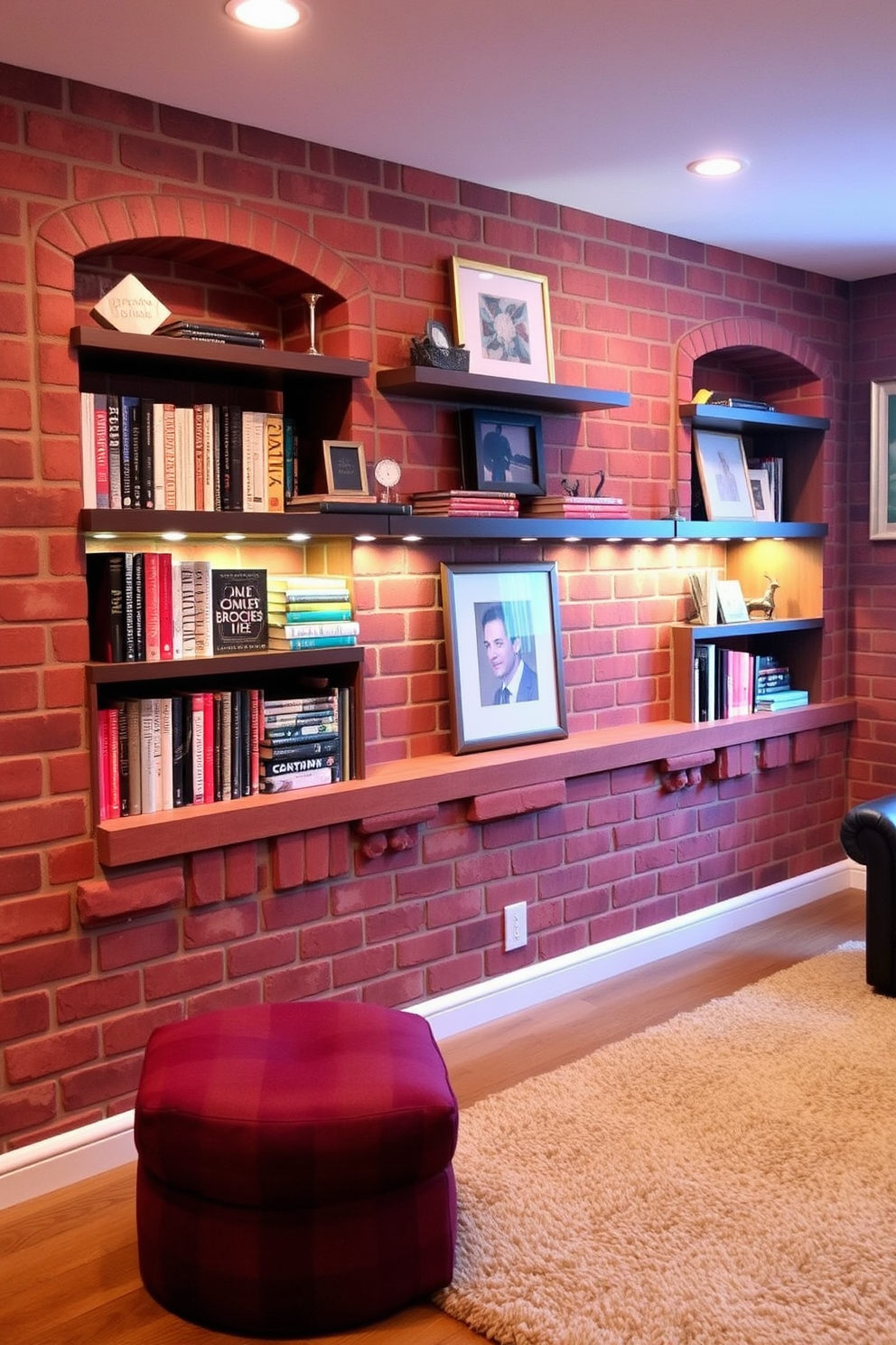 A cozy brick basement features a warm brick wall adorned with built-in shelving units that showcase an array of books and decorative items. Soft ambient lighting highlights the textures of the brick while a plush area rug adds comfort to the space.