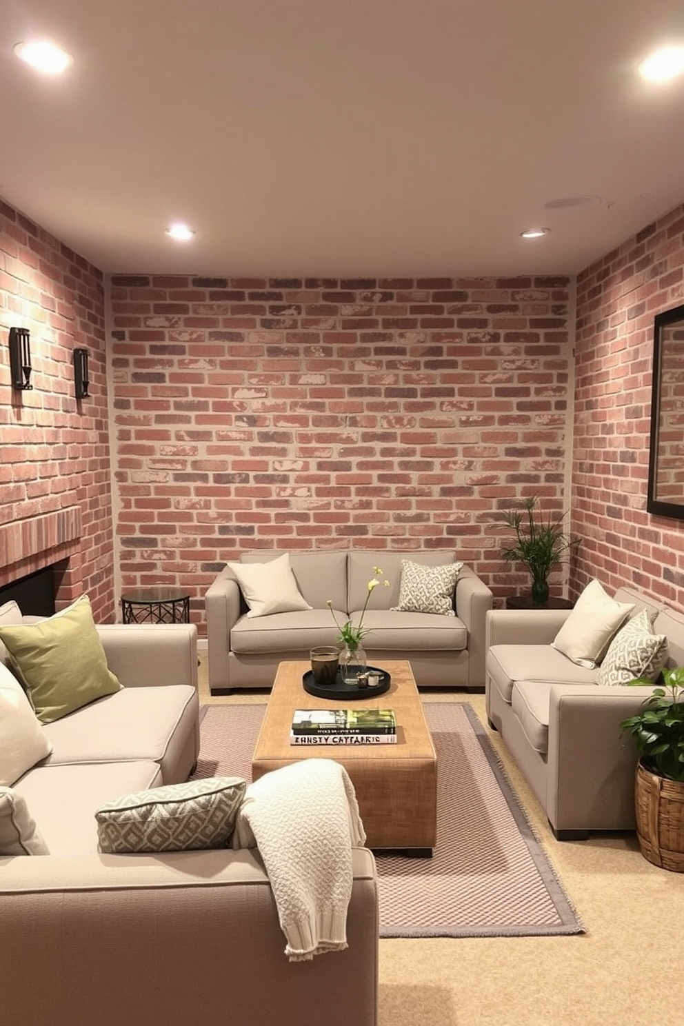 A cozy brick basement featuring a neutral palette that emphasizes the natural texture of the exposed brick walls. Soft beige and warm gray furnishings complement the rustic charm, creating an inviting atmosphere for relaxation and entertainment.