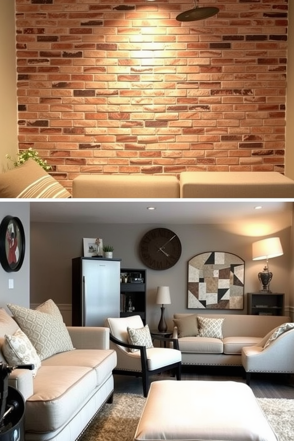 A cozy brick basement with vintage decor accents that exude character. The walls are exposed brick, complemented by warm wooden beams on the ceiling, creating an inviting atmosphere. In one corner, a plush velvet armchair in deep burgundy is paired with a rustic wooden side table. On the table, a vintage lamp with a stained glass shade casts a soft glow, enhancing the room's charm.