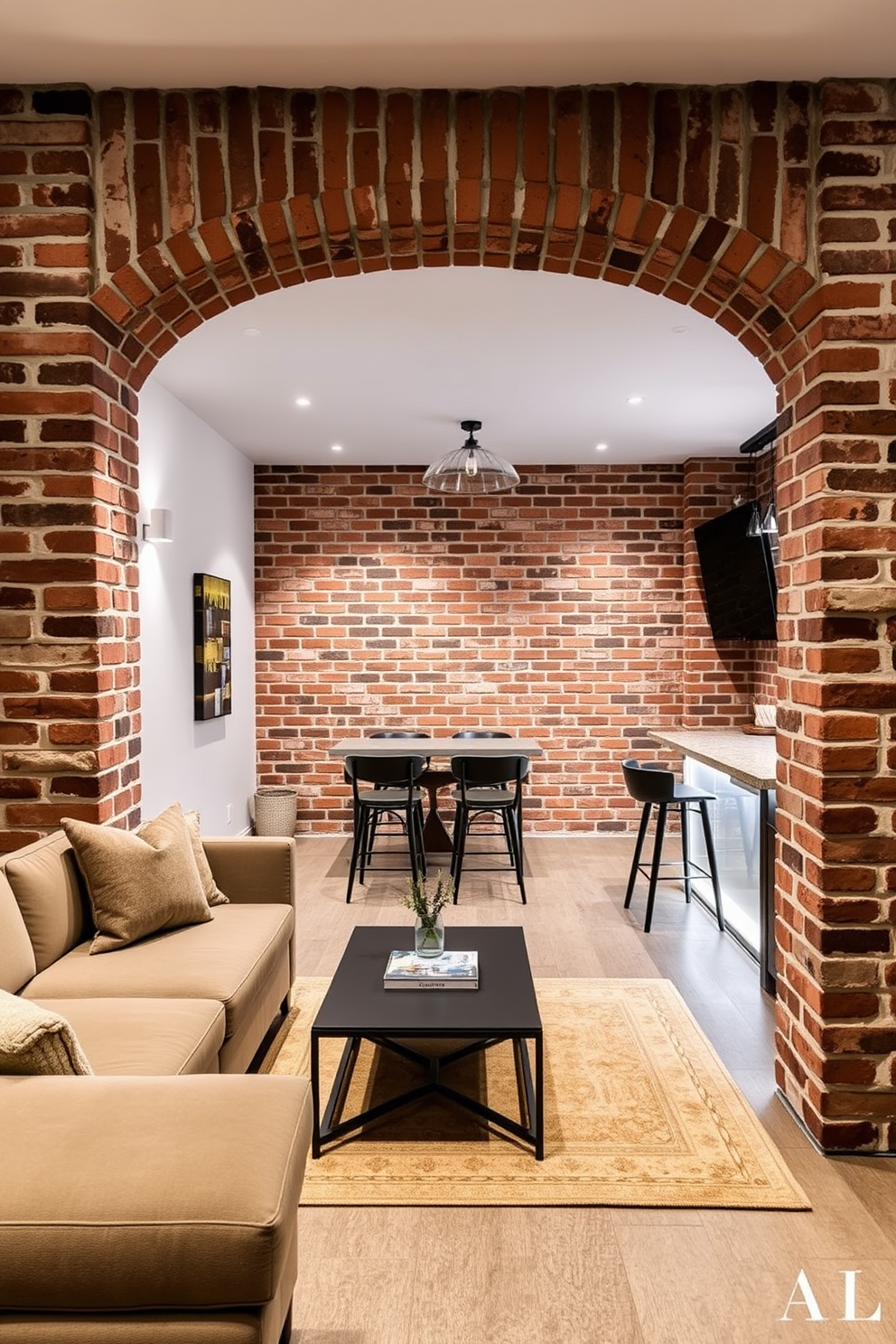 A cozy entertainment area is framed by rustic brick columns that add character and warmth. The space features a plush sectional sofa and a modern coffee table, creating an inviting atmosphere for relaxation and socializing. The brick basement is designed with a mix of industrial and contemporary elements. Soft lighting highlights the textured walls, while a stylish bar area complements the overall aesthetic.