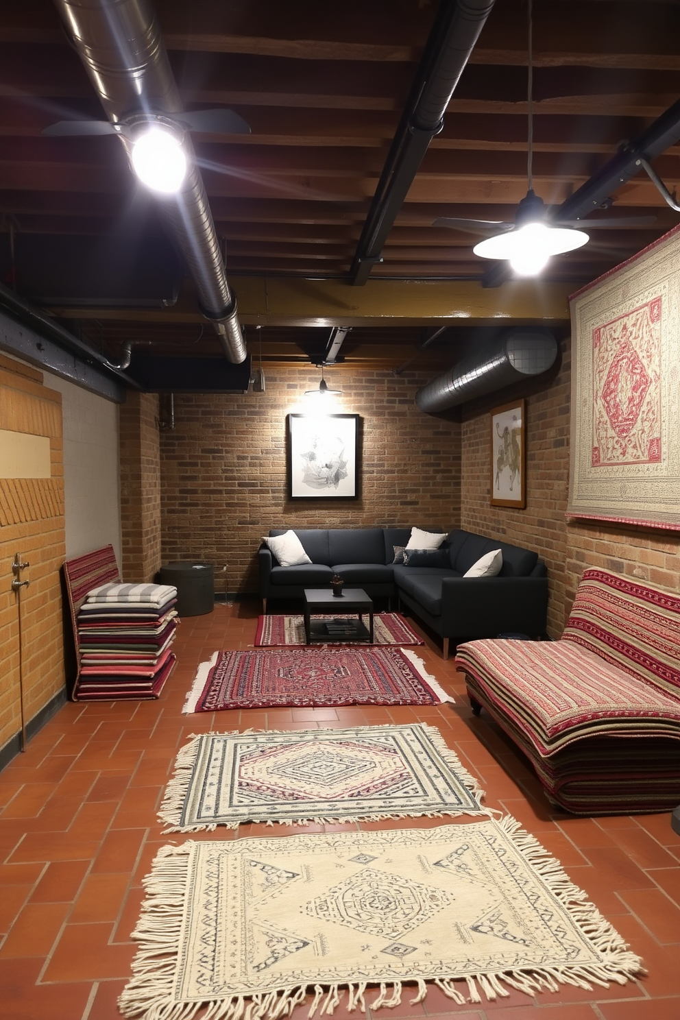 Layered rugs are artfully arranged on a polished brick floor, creating a warm and inviting atmosphere. The combination of textures adds depth and character to the space, enhancing the overall aesthetic. The brick basement features exposed beams and industrial-style lighting, giving it a modern yet rustic feel. Cozy seating areas are strategically placed, perfect for relaxation and entertainment.