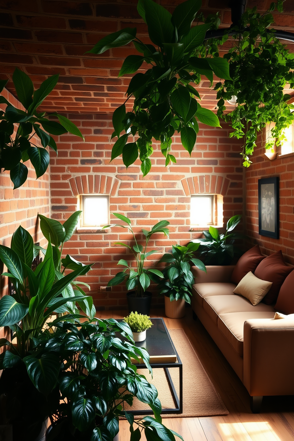 A cozy brick basement featuring a rich exposed brick wall that serves as a stunning backdrop. Lush indoor plants are strategically placed throughout the space, adding vibrant greenery and enhancing the warm ambiance. The basement is furnished with a comfortable sectional sofa and a sleek coffee table, creating an inviting lounge area. Natural light filters in through small windows, illuminating the room and highlighting the contrast between the brick and the lively plants.