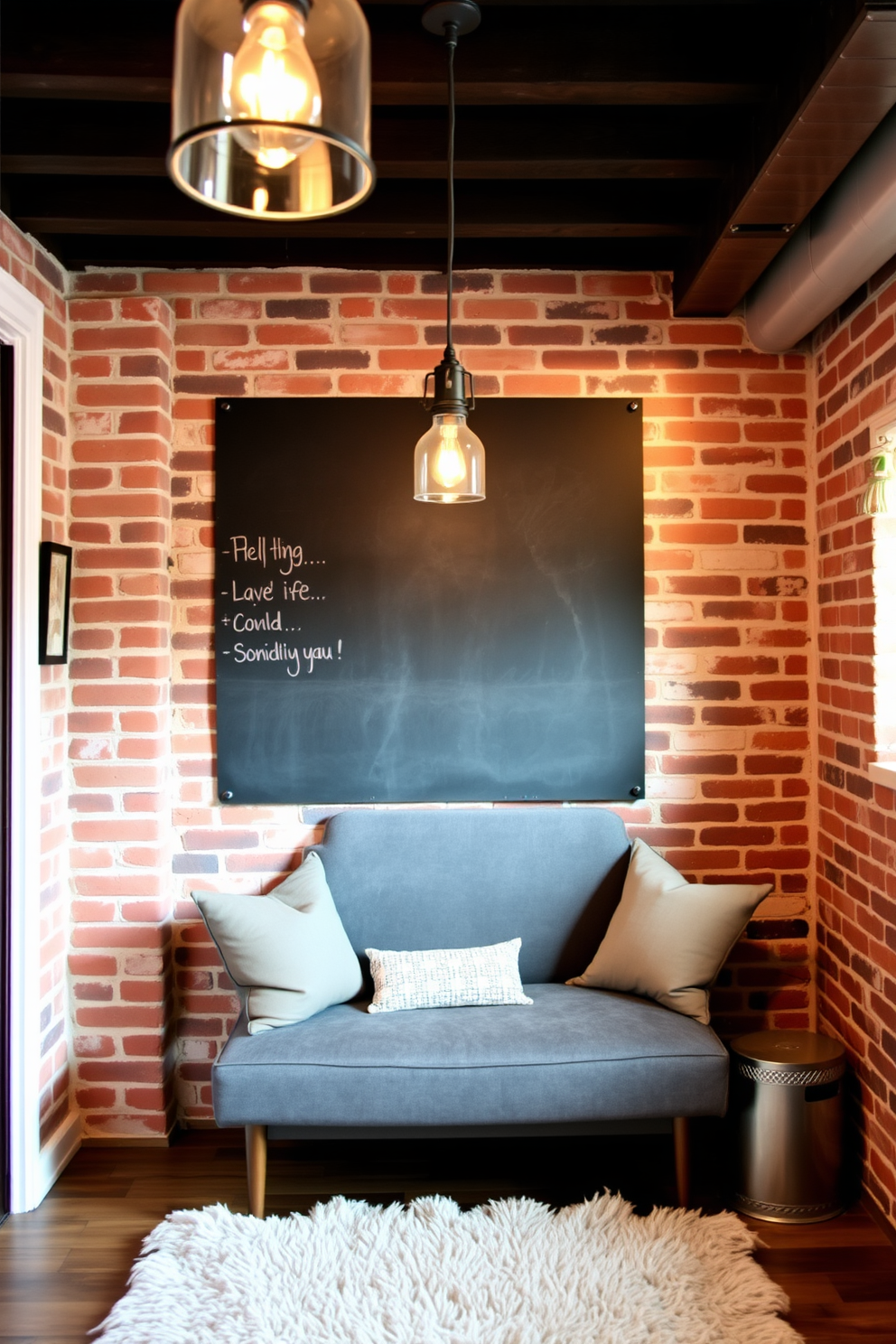 A chalkboard wall is set against a rustic brick finish, creating a unique contrast that adds character to the space. The wall serves as a functional surface for notes and artwork while the exposed brick adds warmth and texture to the overall design. In the brick basement, industrial-style lighting fixtures hang from the ceiling, illuminating the cozy seating area. A plush area rug anchors the space, complementing the brick walls and providing comfort for gatherings.