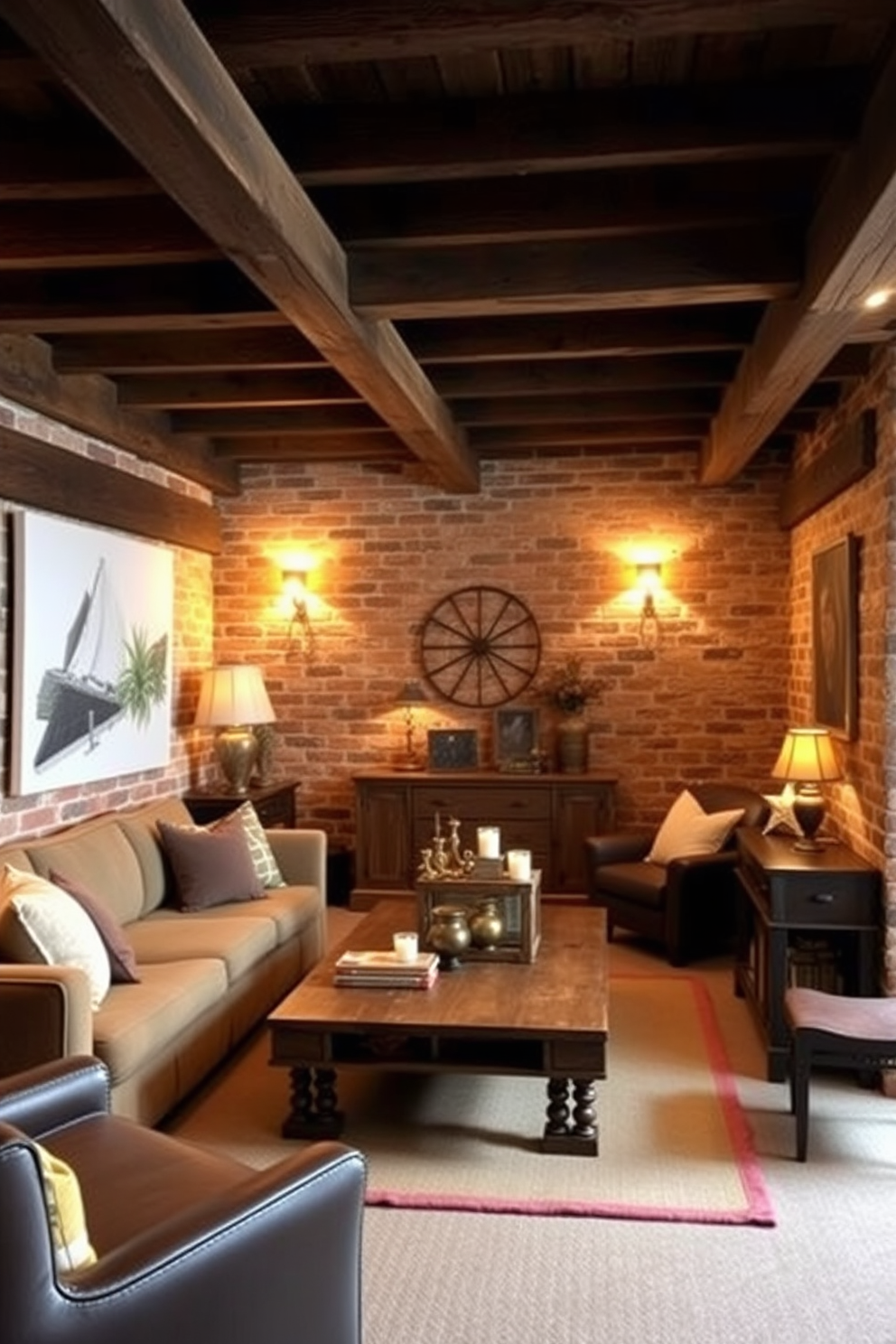 A cozy basement retreat featuring rustic wooden beams that span the ceiling, creating a warm and inviting atmosphere. The backdrop consists of exposed brick walls, adding character and texture to the space. In one corner, a plush sectional sofa is adorned with soft throw pillows, inviting relaxation. A reclaimed wood coffee table sits in the center, surrounded by vintage-inspired decor and ambient lighting.