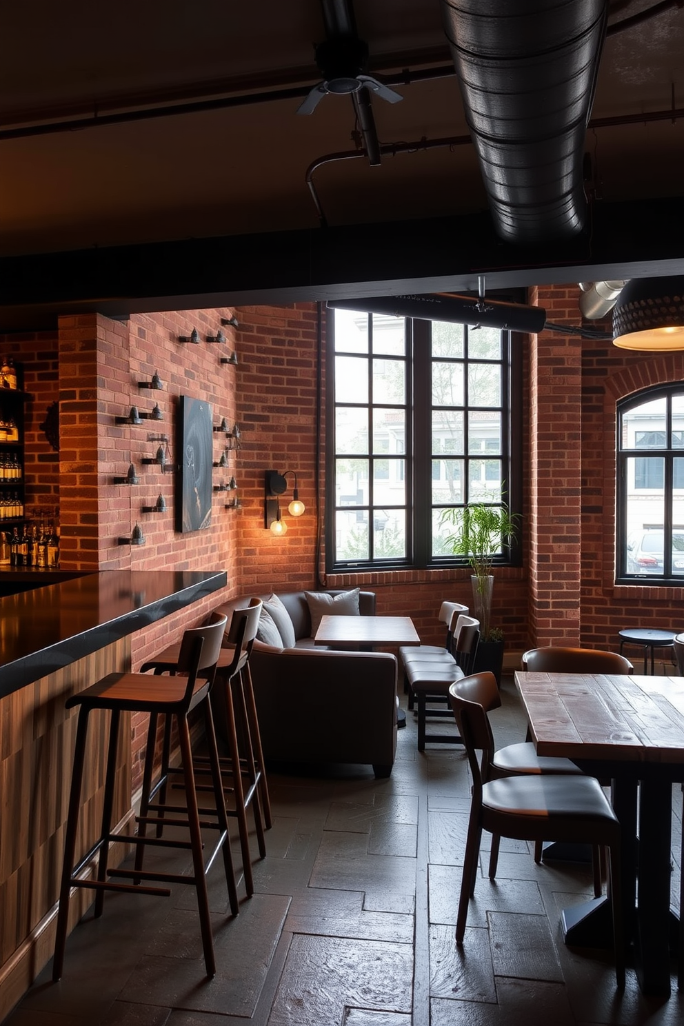 A stylish bar area featuring exposed brick accents creates a warm and inviting atmosphere. The bar is equipped with sleek wooden stools and a polished countertop, complemented by soft ambient lighting. In the brick basement, the design incorporates cozy seating arrangements and a rustic wooden table. Large windows allow natural light to filter in, enhancing the overall charm of the space.