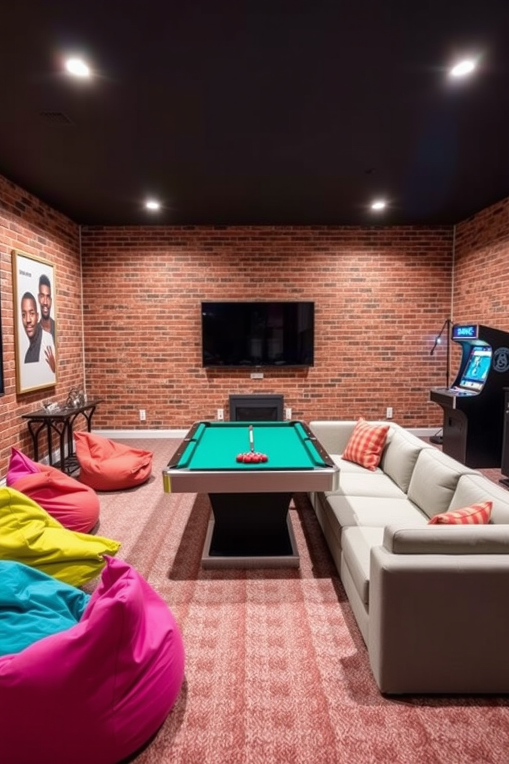 A vibrant game room featuring a bold brick statement wall that serves as the focal point of the space. The room is filled with comfortable seating, including a large sectional sofa and colorful bean bags, creating an inviting atmosphere for entertainment. The basement design includes a sleek pool table and a vintage arcade machine, enhancing the playful vibe. Ambient lighting fixtures are installed in the ceiling, providing a warm glow that complements the rustic charm of the exposed brick.