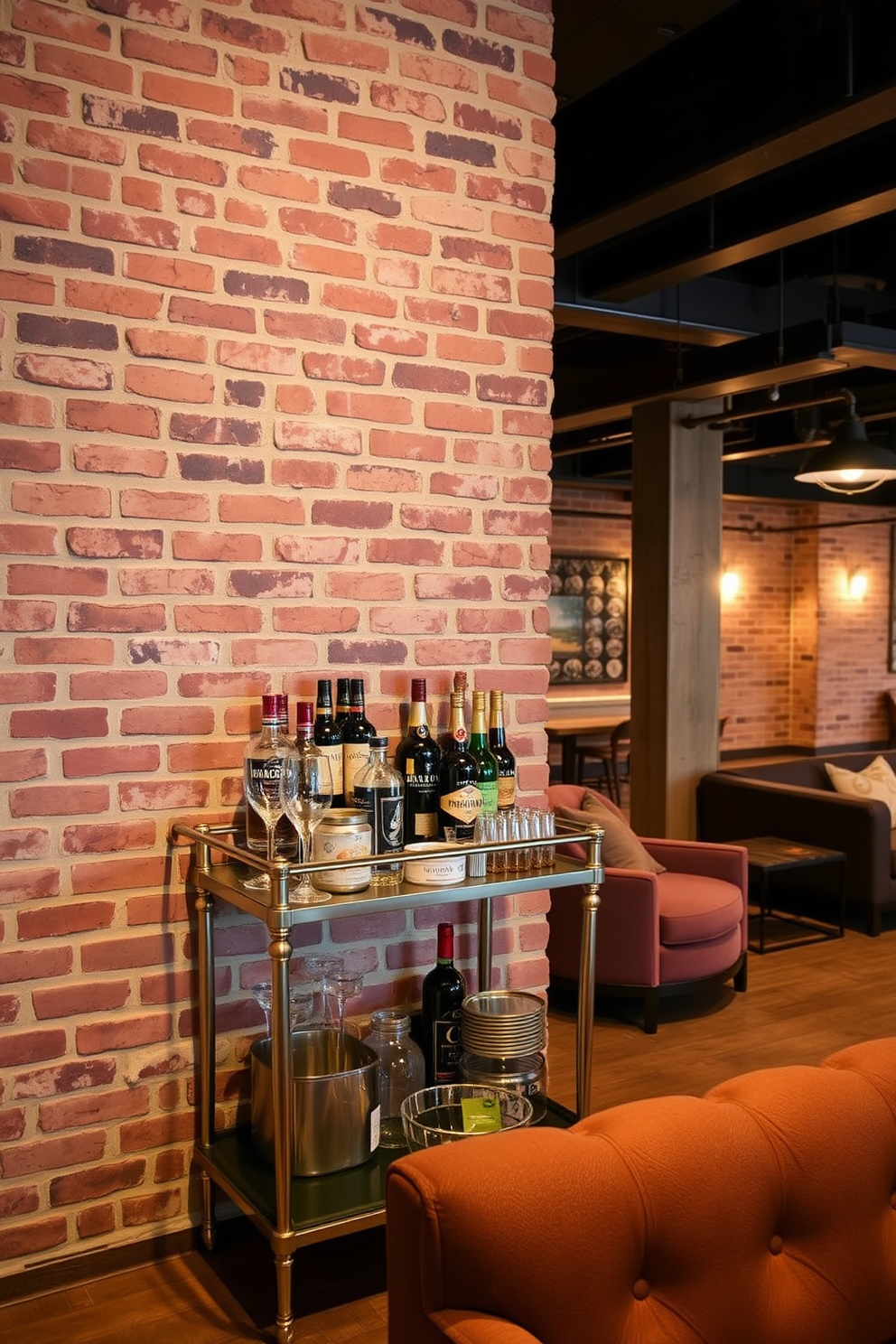 A stylish brick basement featuring unique lighting fixtures that serve as focal points. The walls are exposed brick, creating a warm and inviting atmosphere while the ceiling showcases modern pendant lights that illuminate the space beautifully.