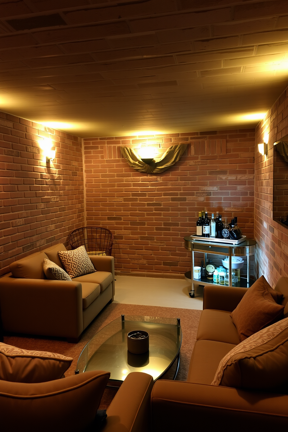 A cozy brick basement retreat with mood lighting that accentuates the rustic brick walls. Soft warm lights are strategically placed to create an inviting atmosphere while highlighting the unique textures of the brick. The space includes a comfortable seating area with plush sofas and a stylish coffee table. A sleek bar cart is positioned in the corner, complemented by ambient lighting that sets the perfect mood for entertaining.