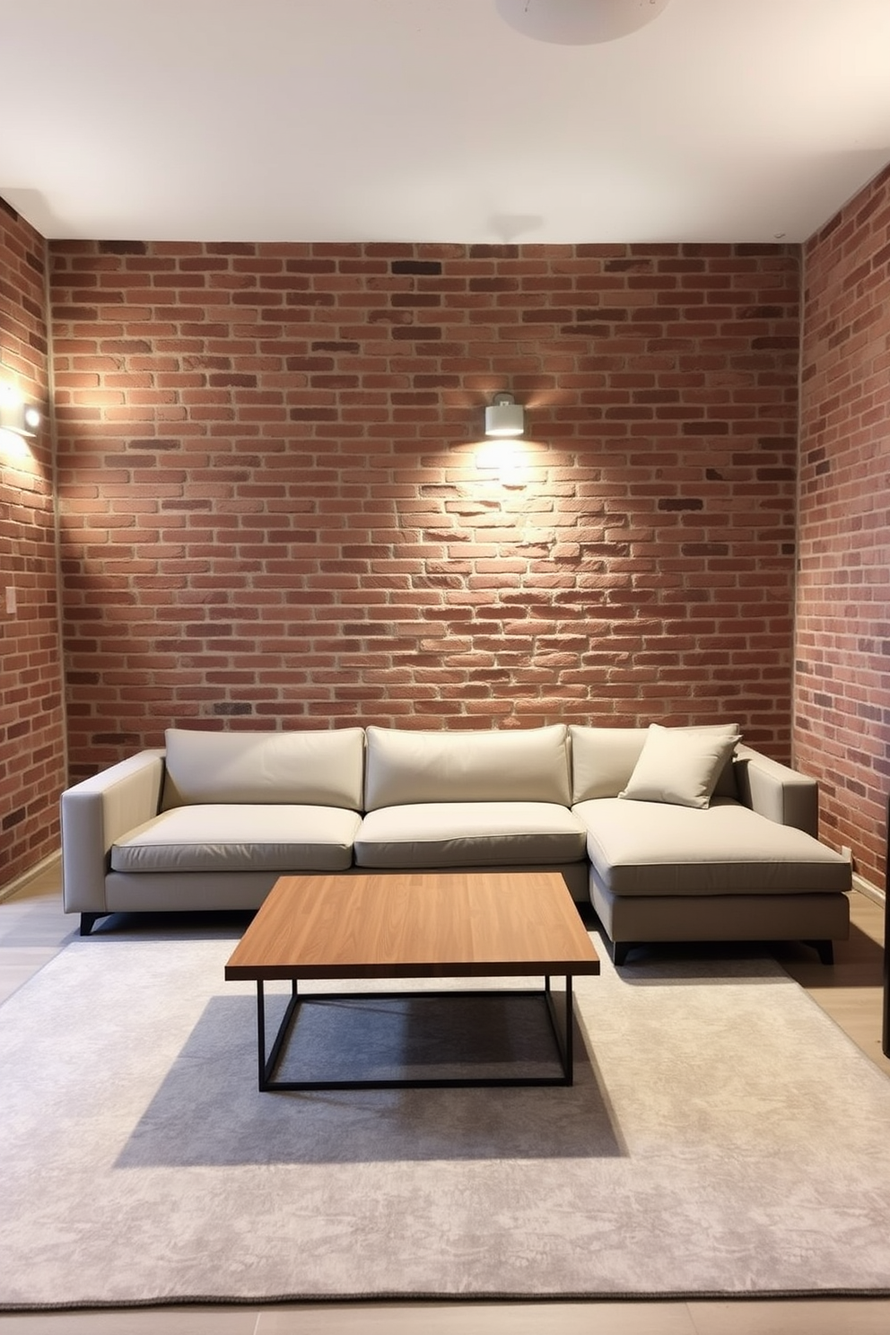 A minimalist basement design featuring exposed brick walls that create a raw yet inviting atmosphere. The space includes a sleek sectional sofa in neutral tones, paired with a simple wooden coffee table that complements the industrial feel. Soft lighting fixtures are strategically placed to enhance the warmth of the brick while providing a cozy ambiance. A large area rug with subtle patterns anchors the seating area, adding comfort and style to the minimalist aesthetic.