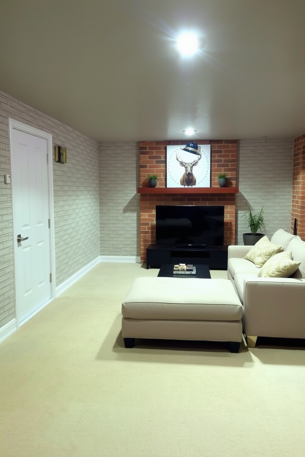 A stylish basement featuring textured wallpaper in soft neutral tones that adds warmth to the space. The walls incorporate exposed brick elements that create a rustic charm, complementing the modern furnishings.