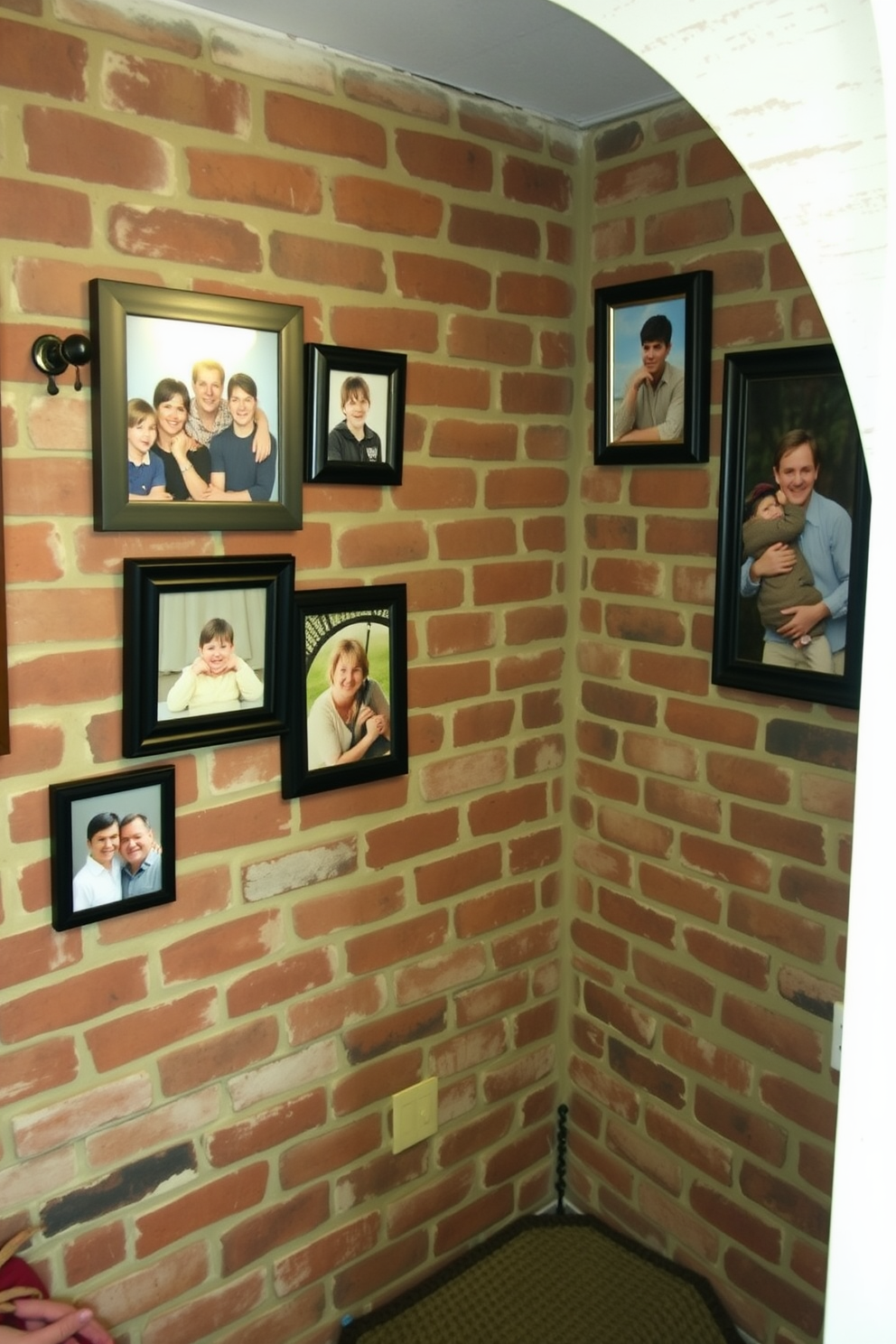 A cozy brick basement featuring a rustic charm. Family photos are displayed on a textured brick wall, creating a warm and personal atmosphere.