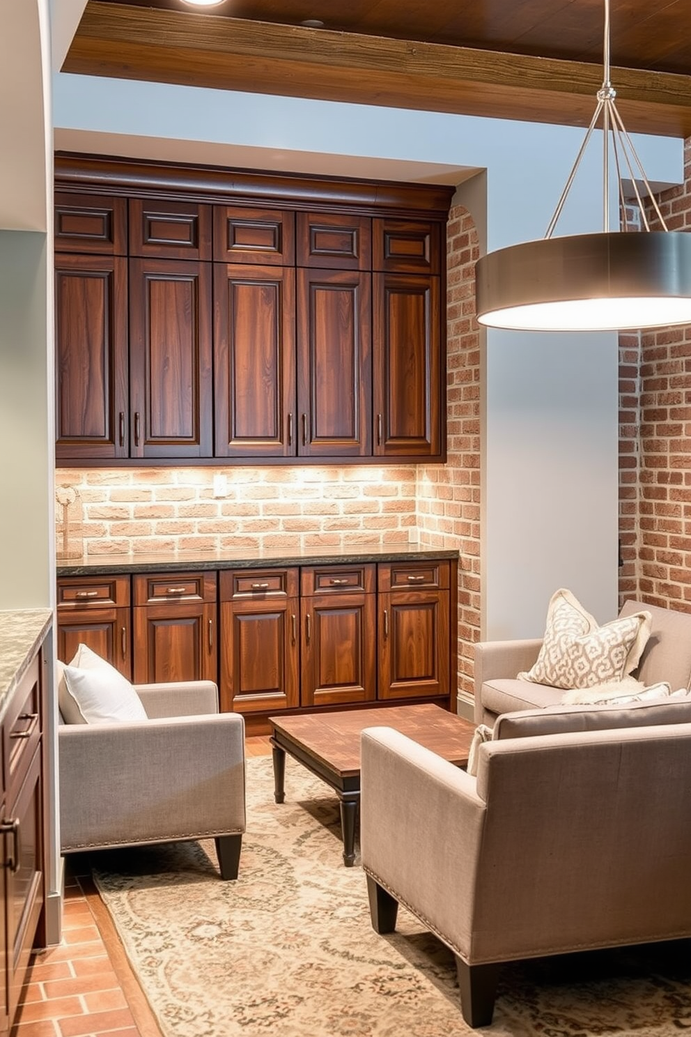 A sleek wet bar designed for entertaining guests features a polished black countertop with stylish bar stools lined up underneath. Behind the bar, custom cabinetry showcases an array of premium spirits and glassware, while ambient lighting creates an inviting atmosphere. In the brick basement, exposed red brick walls add character and warmth to the space. Cozy seating arrangements with plush sofas and a coffee table encourage conversation, complemented by strategically placed artwork that enhances the overall aesthetic.