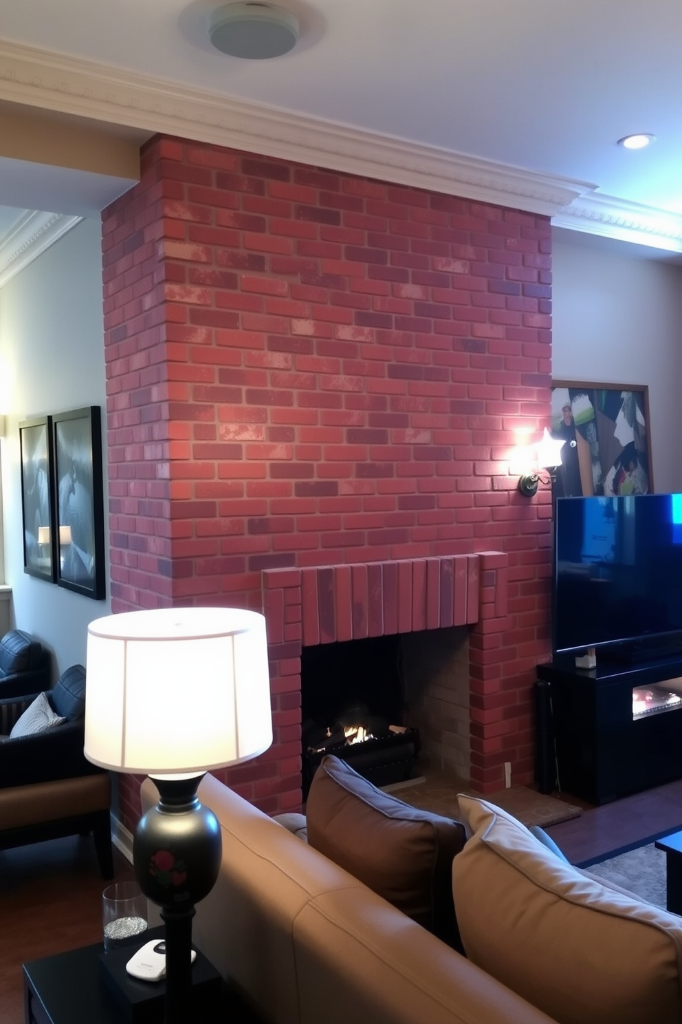 A stylish brick wall adorned with intricate decorative moldings creates a striking focal point in the room. The warm tones of the brick contrast beautifully with the elegant details of the moldings, enhancing the overall aesthetic. The basement features a cozy lounge area with plush seating and ambient lighting. A mix of modern furniture and rustic accents complements the brick wall, making the space inviting and functional.