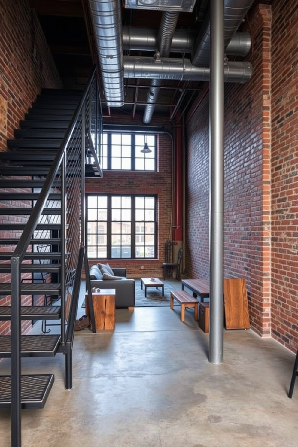 A stylish industrial basement featuring exposed brick walls and metal accents. The space includes a sleek metal staircase leading to an open area with a polished concrete floor. Large industrial-style windows allow natural light to flood in, enhancing the raw aesthetic. Furnishings include a mix of reclaimed wood and metal furniture for a cohesive look.