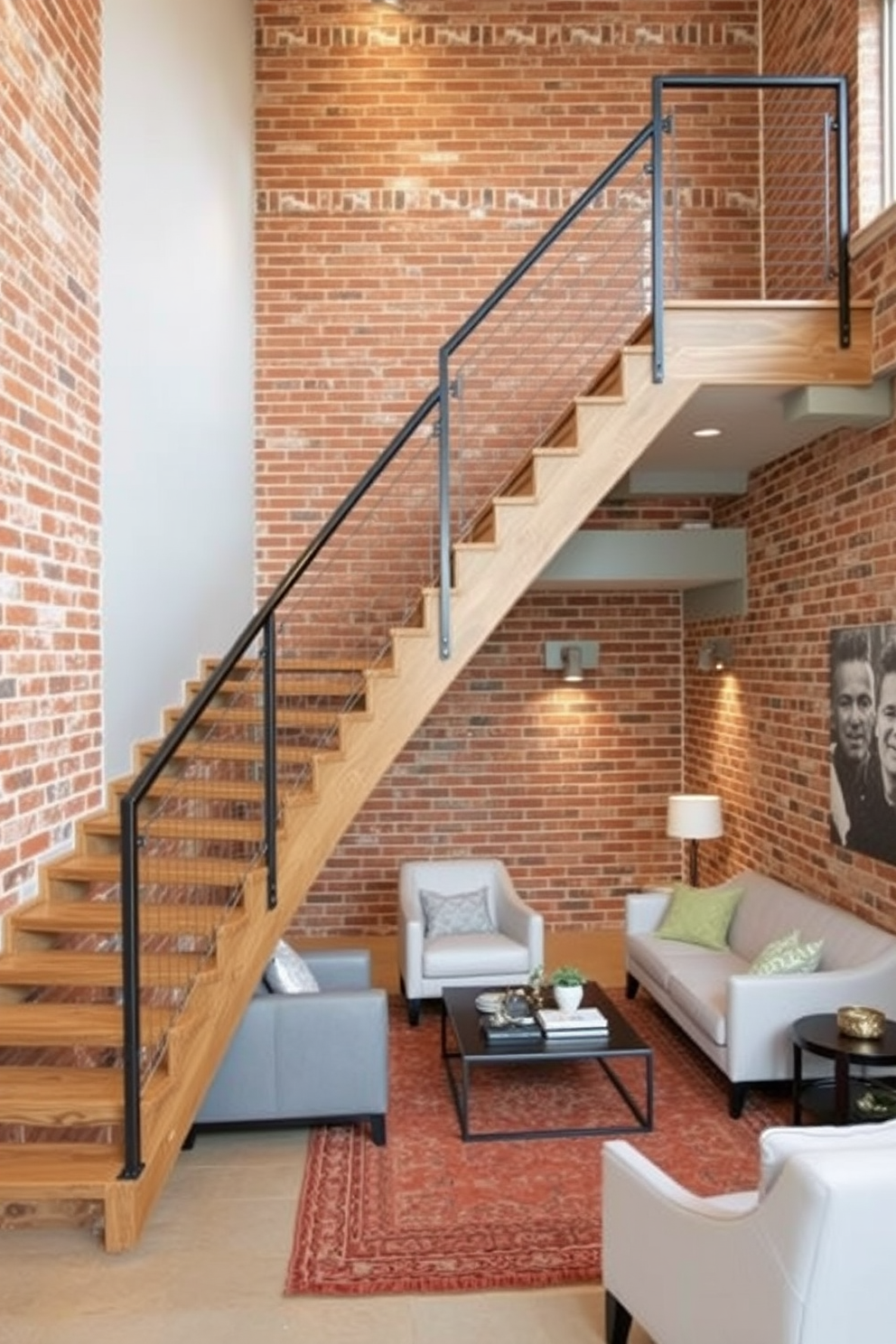 A striking stairwell features exposed brick walls that add warmth and character to the space. The staircase is crafted from reclaimed wood, with sleek metal railings that complement the rustic charm of the brick. The basement is transformed into a cozy retreat with a combination of brick accent walls and soft lighting. Comfortable seating is arranged around a stylish coffee table, creating an inviting atmosphere for relaxation and entertainment.