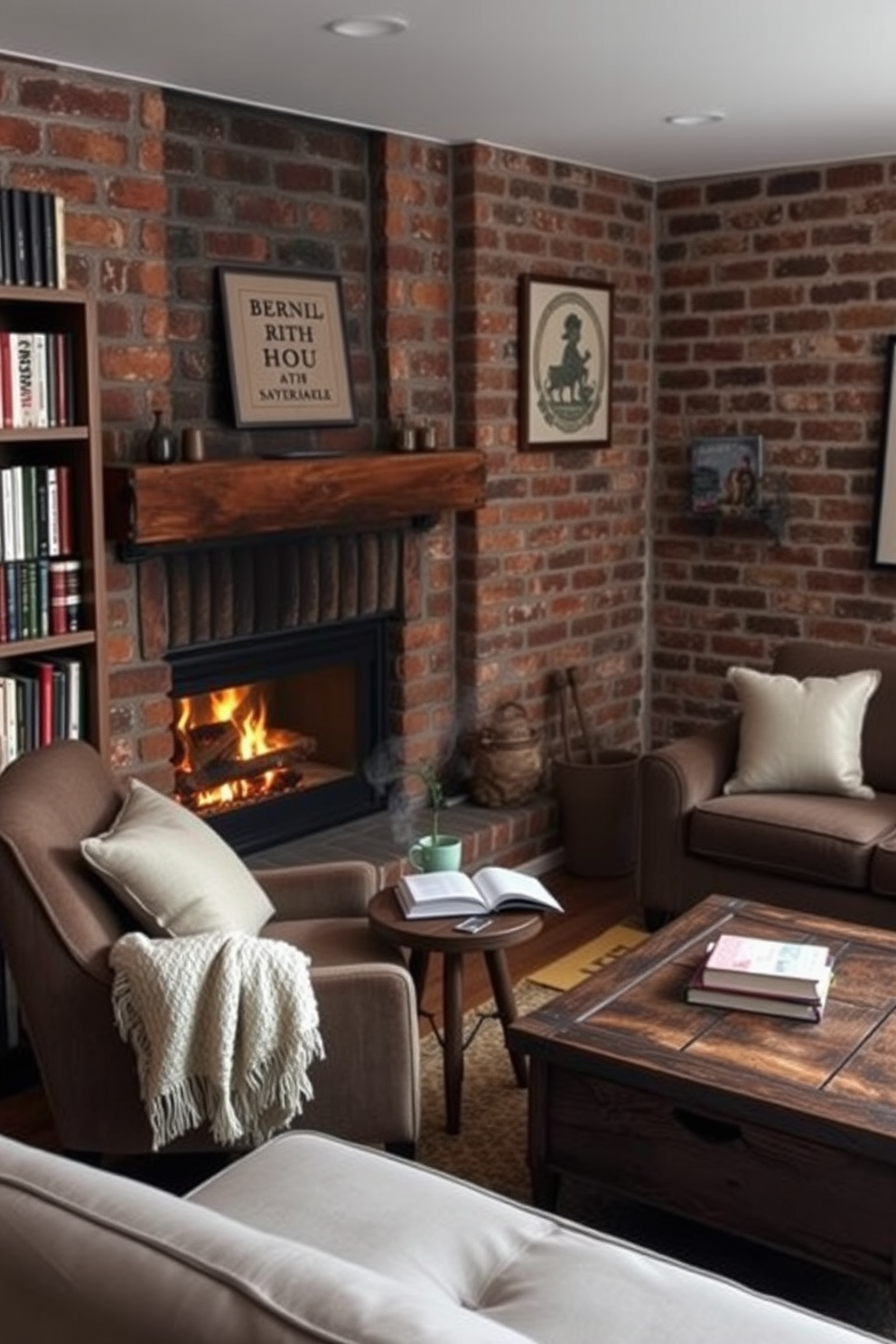 Cozy reading nook with brick fireplace. A plush armchair is situated next to a small wooden side table, with a stack of books and a steaming cup of tea resting on it. The warm glow of the fire casts a soft light across the room, enhancing the inviting atmosphere. Shelves filled with books line the walls, and a soft throw blanket is draped over the armchair. Brick basement design ideas. The basement features exposed brick walls that add character and warmth to the space. A comfortable sectional sofa is arranged around a rustic coffee table, creating a perfect spot for relaxation and entertainment.