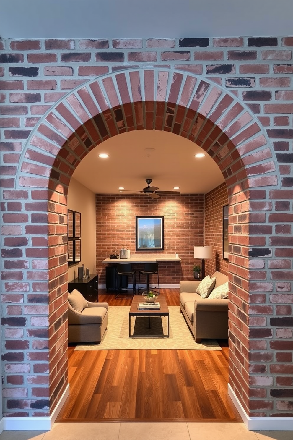 A charming brick archway frames the entrance to two distinct rooms, creating a warm and inviting transition between spaces. The archway features rustic brickwork with a slightly weathered finish, complementing the overall aesthetic of the home. In the basement, the design embraces a cozy yet modern vibe with exposed brick walls and soft ambient lighting. Comfortable seating arrangements with plush sofas and a stylish coffee table invite relaxation, while a small bar area enhances the entertaining potential of the space.