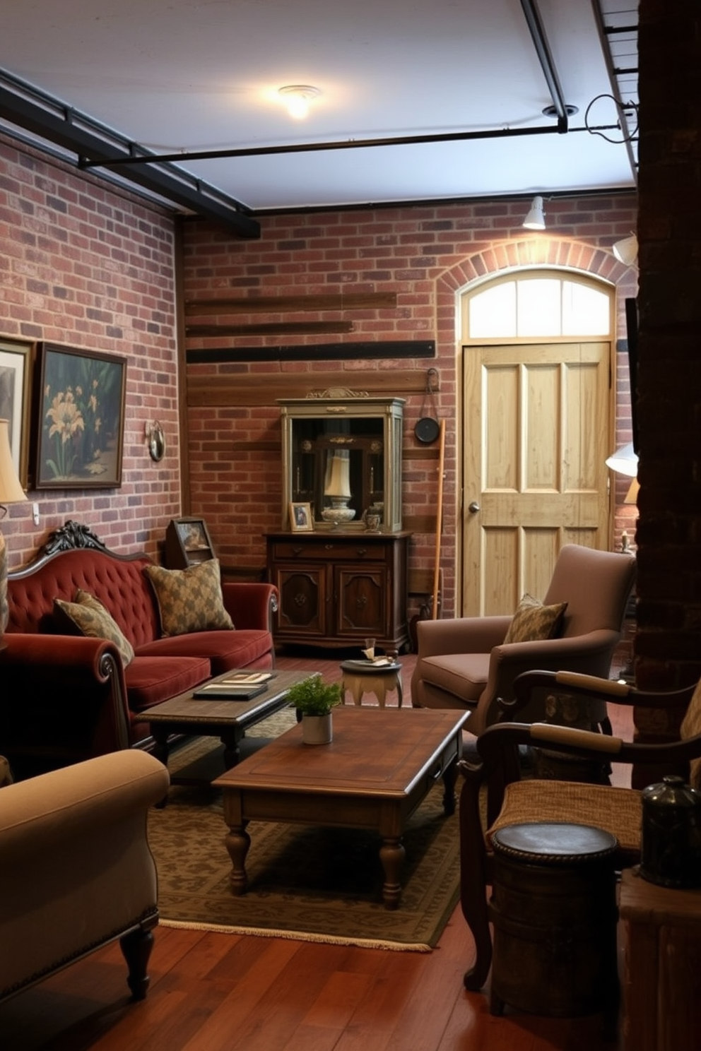 A stylish bar area featuring sleek high stools arranged around a polished wooden counter. The backdrop showcases a rustic brick wall, adding warmth and character to the basement design. The bar is illuminated by pendant lights hanging from the ceiling, creating a cozy atmosphere. A selection of premium spirits is displayed on open shelves, enhancing the inviting ambiance of the space.