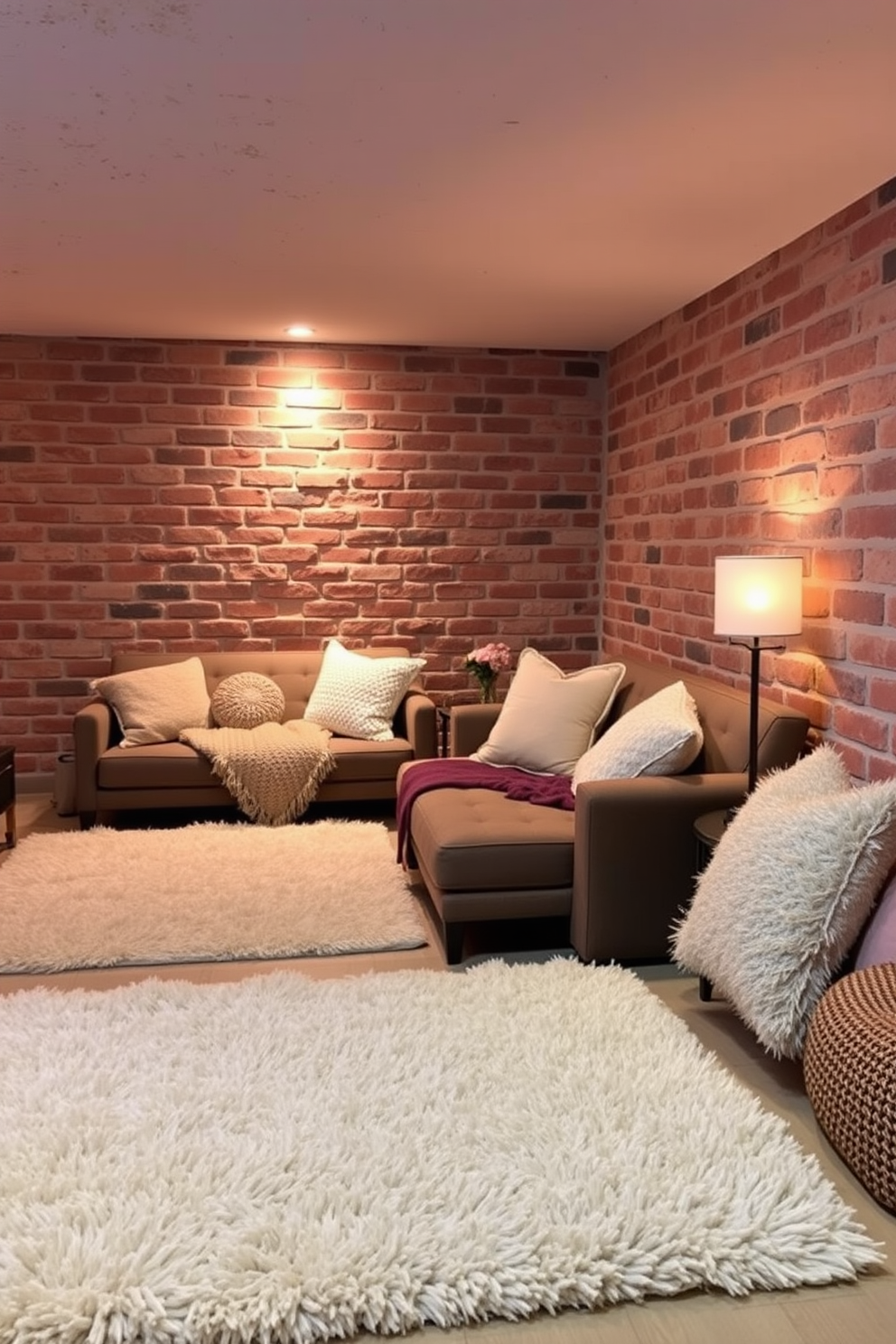 A cozy brick basement featuring soft textiles that contrast beautifully with the rough brick walls. Plush area rugs are layered over the floor, providing warmth and comfort in the space. Cushioned seating arrangements are adorned with throw pillows in various textures and colors. Ambient lighting highlights the unique brickwork while creating an inviting atmosphere for relaxation and gatherings.