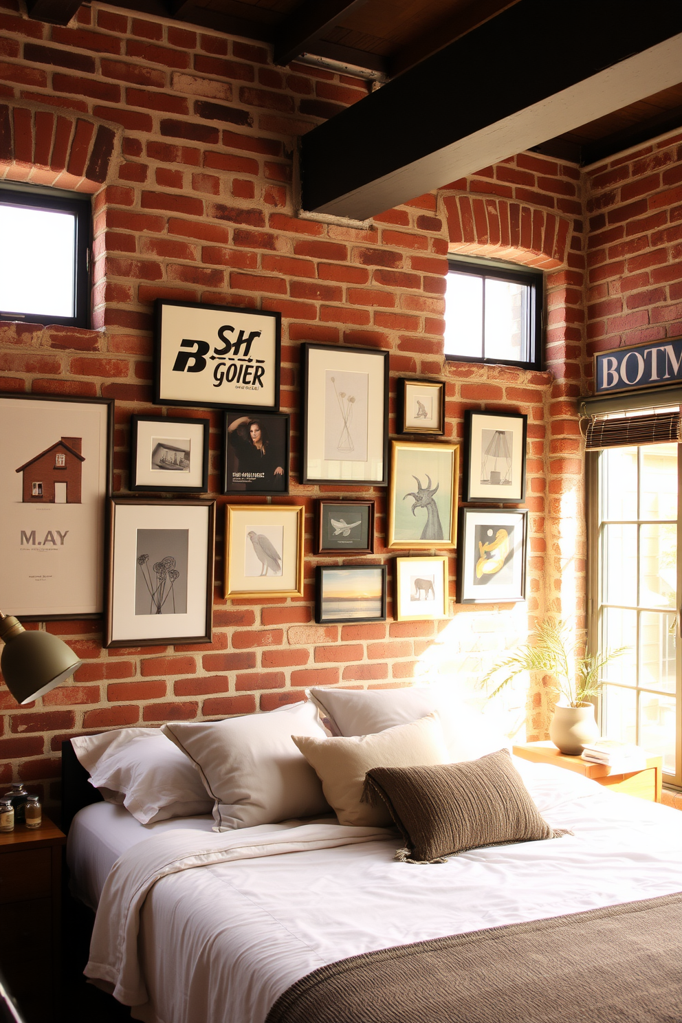 A cozy bedroom featuring an exposed brick accent wall that adds warmth and character to the space. The wall is adorned with a curated display of artwork, showcasing a mix of modern and vintage pieces that create visual interest. The bed is positioned against the brick wall, dressed in soft linens and plush pillows for a welcoming feel. Natural light floods the room through large windows, highlighting the textures of the brick and the colors of the artwork.