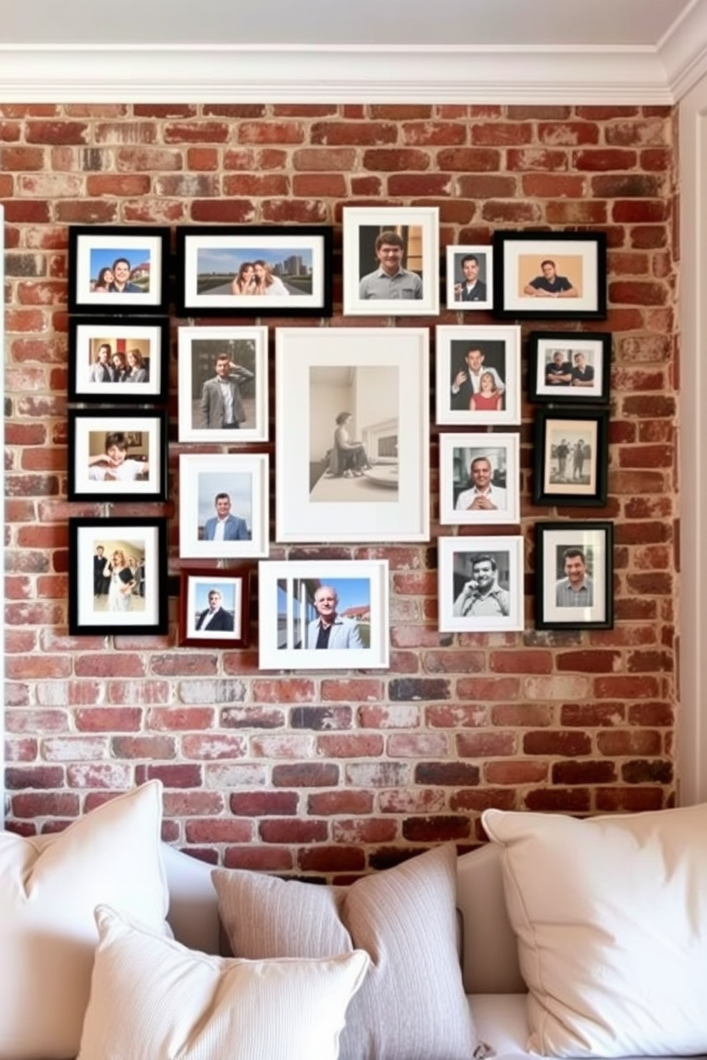 A gallery wall showcasing an eclectic mix of framed photos and artwork creates a vibrant focal point in the room. The arrangement is thoughtfully curated, with varying frame sizes and styles to add depth and interest. The brick wall serves as a rustic backdrop, adding texture and warmth to the bedroom design. Complementing the brick, soft furnishings in neutral tones create a cozy and inviting atmosphere.