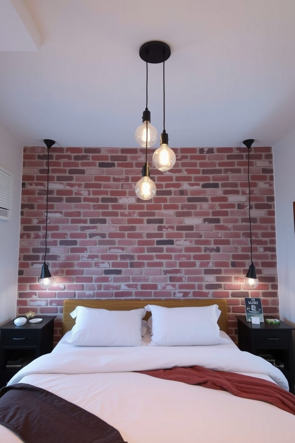 A cozy bedroom featuring a striking brick wall as the focal point. Above the bed, stylish hanging pendant lights illuminate the space, creating a warm and inviting atmosphere.