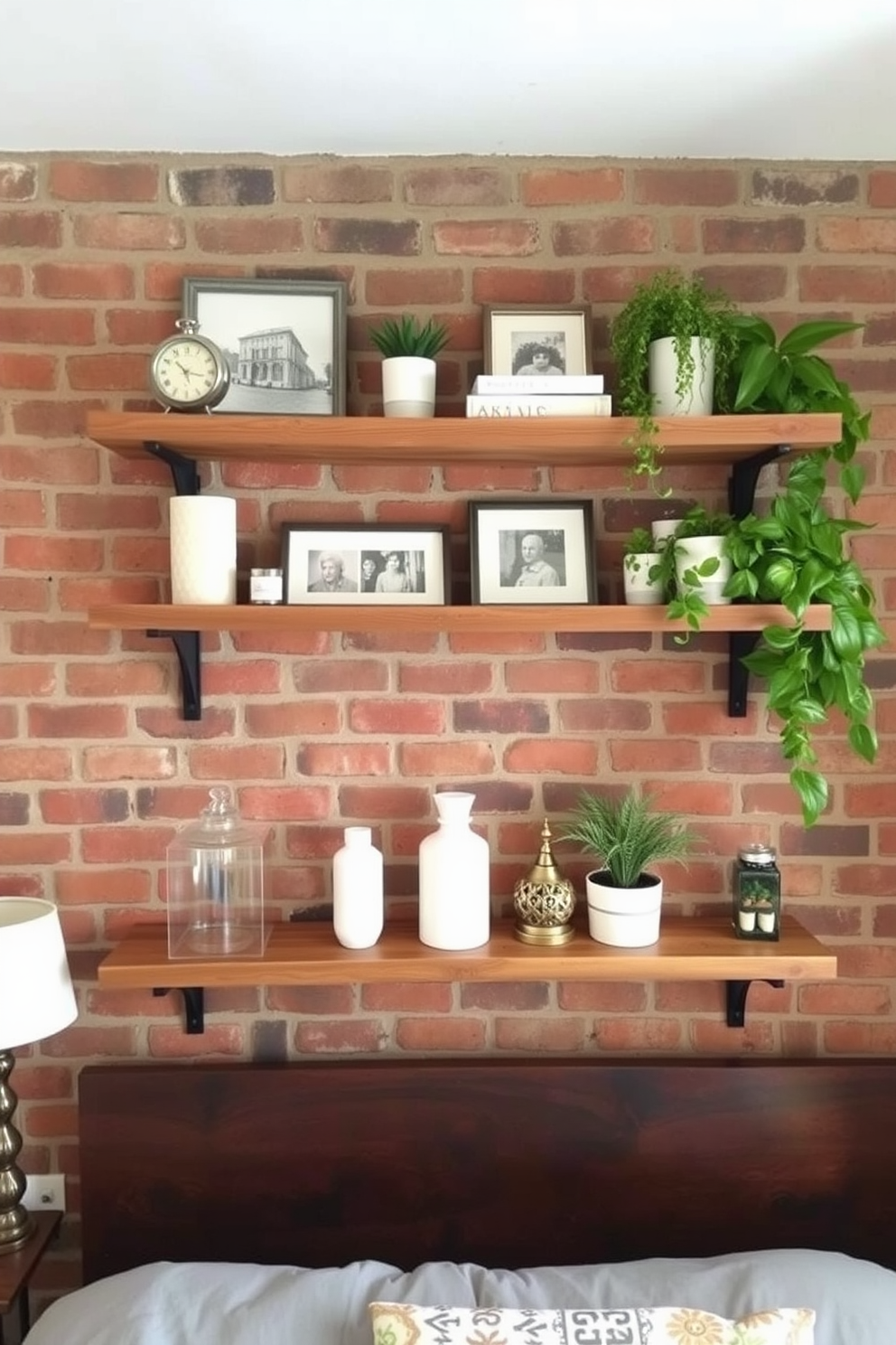 A cozy bedroom featuring a striking brick wall that serves as a backdrop. Lush greenery in the form of potted plants and hanging vines adds a touch of nature and warmth to the space. The room is furnished with a plush bed dressed in soft linens and a stylish throw blanket. A rustic wooden nightstand holds a modern lamp, creating a perfect balance of industrial and organic elements.