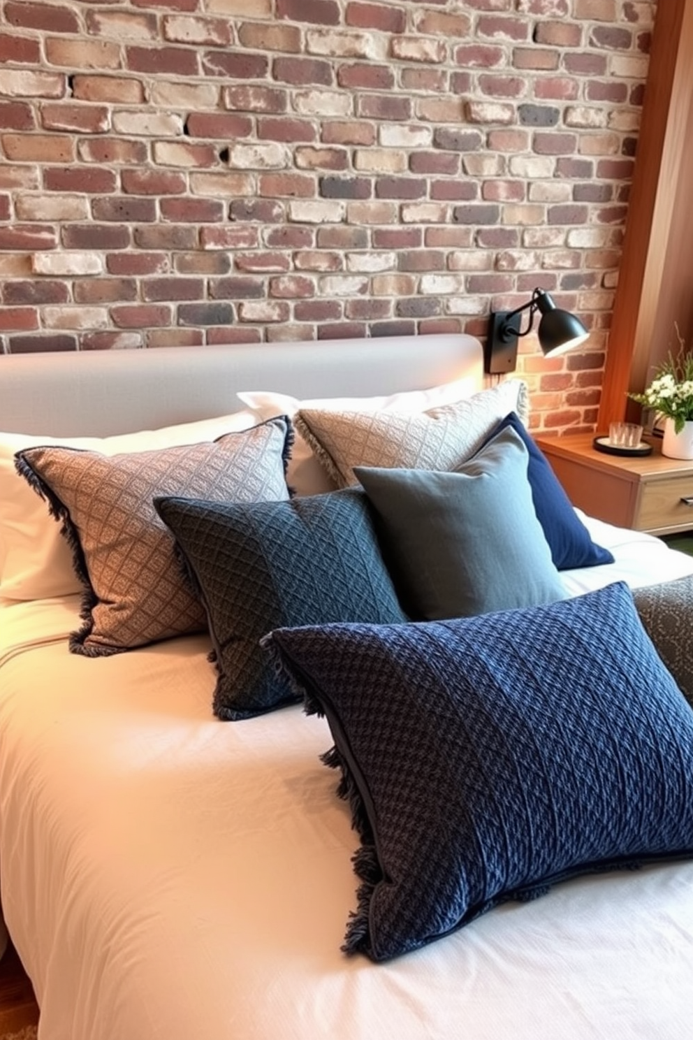 Textured throw pillows in various shades of blue and gray are scattered across a plush white bedspread. The pillows feature intricate patterns and soft fabrics that invite relaxation and warmth. The bedroom showcases a striking brick wall that adds an industrial charm to the space. Complemented by warm lighting and wooden accents, the design balances modern aesthetics with cozy comfort.