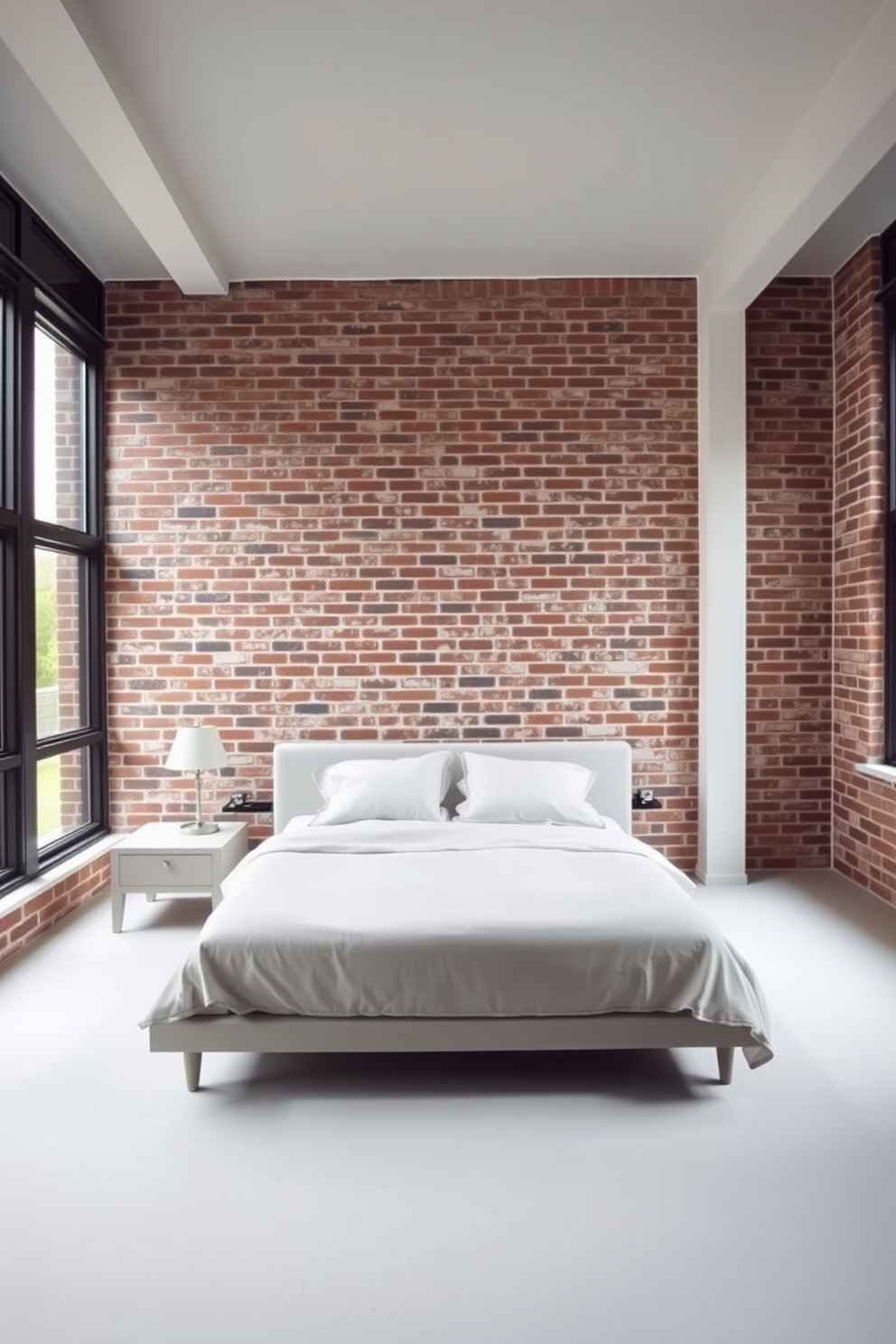 A serene bedroom featuring a striking brick wall that serves as the focal point of the space. The room is furnished with minimalist furniture, including a low-profile bed and a simple nightstand, allowing the brick design to take center stage. Natural light floods the room through large windows, highlighting the texture of the exposed brick. Soft neutral tones in the bedding and decor complement the ruggedness of the wall, creating a harmonious balance between modern simplicity and industrial charm.