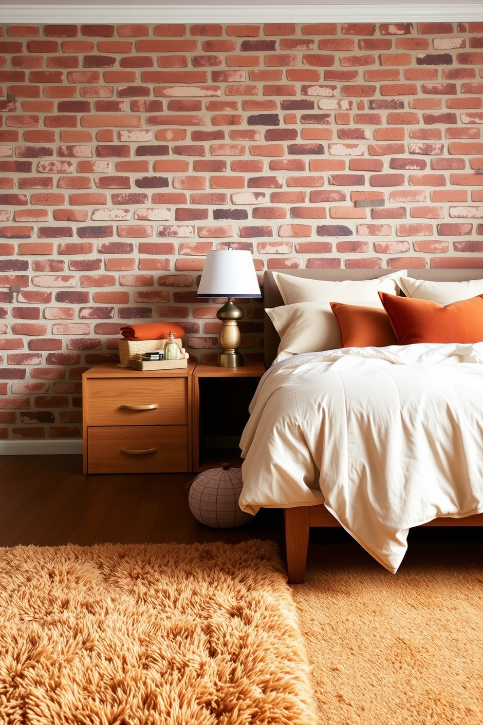 A cozy bedroom featuring a warm color palette that softens the exposed brick wall. The bed is dressed in soft beige linens with accent pillows in terracotta and rust tones. A wooden nightstand with a warm finish sits beside the bed, topped with a stylish lamp that casts a gentle glow. A plush area rug in warm tones anchors the space, adding comfort and texture to the room.