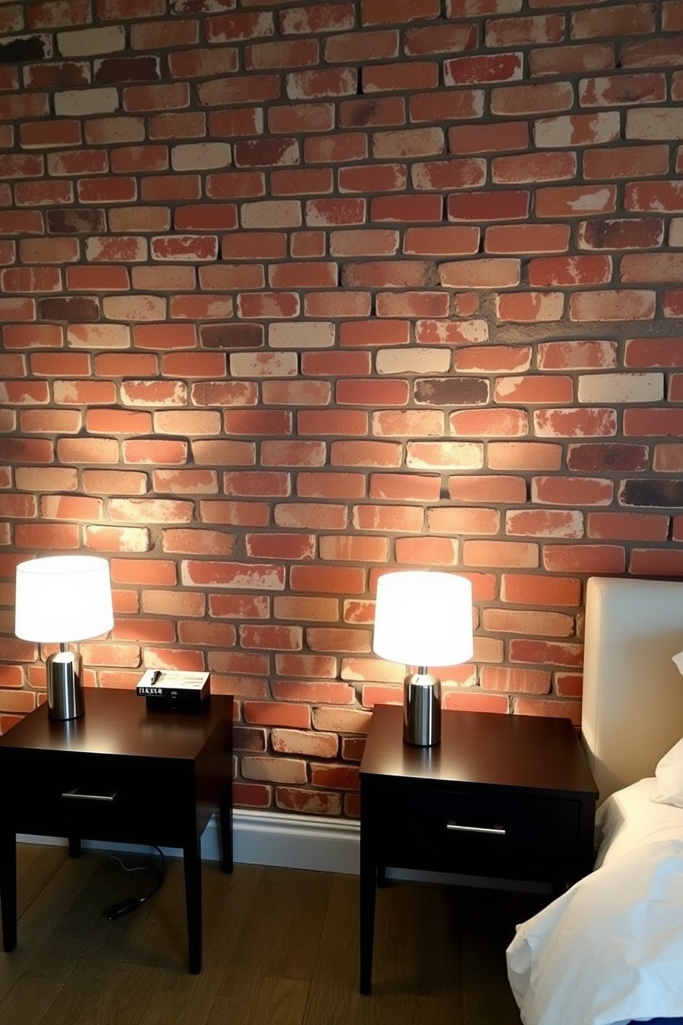 Stylish nightstands flanking the brick wall create a cozy yet modern atmosphere. Each nightstand features a sleek design with elegant lamps that provide soft lighting, enhancing the warmth of the exposed brick.