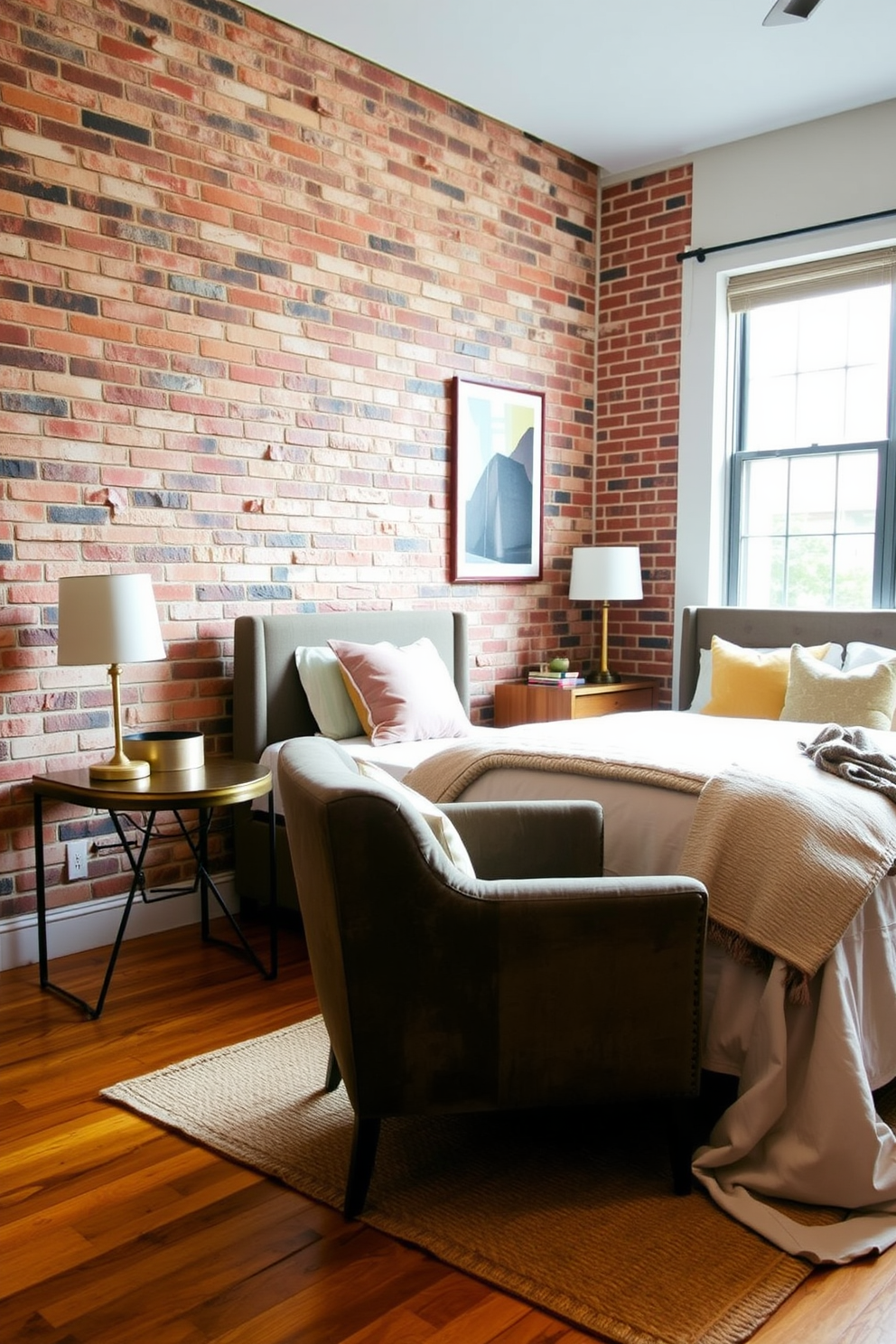 A cozy bedroom features mirrored furniture that beautifully reflects the charm of the exposed brick wall. The bed is adorned with soft linens, and a stylish nightstand complements the overall aesthetic. Natural light pours in through large windows, highlighting the unique texture of the brick. A plush area rug anchors the space, adding warmth and comfort to the modern design.