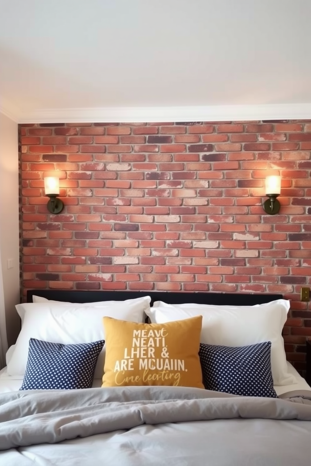 A cozy bedroom features a striking brick wall that adds texture and warmth to the space. Wall-mounted sconces provide soft ambient lighting, creating a relaxing atmosphere perfect for unwinding at the end of the day.