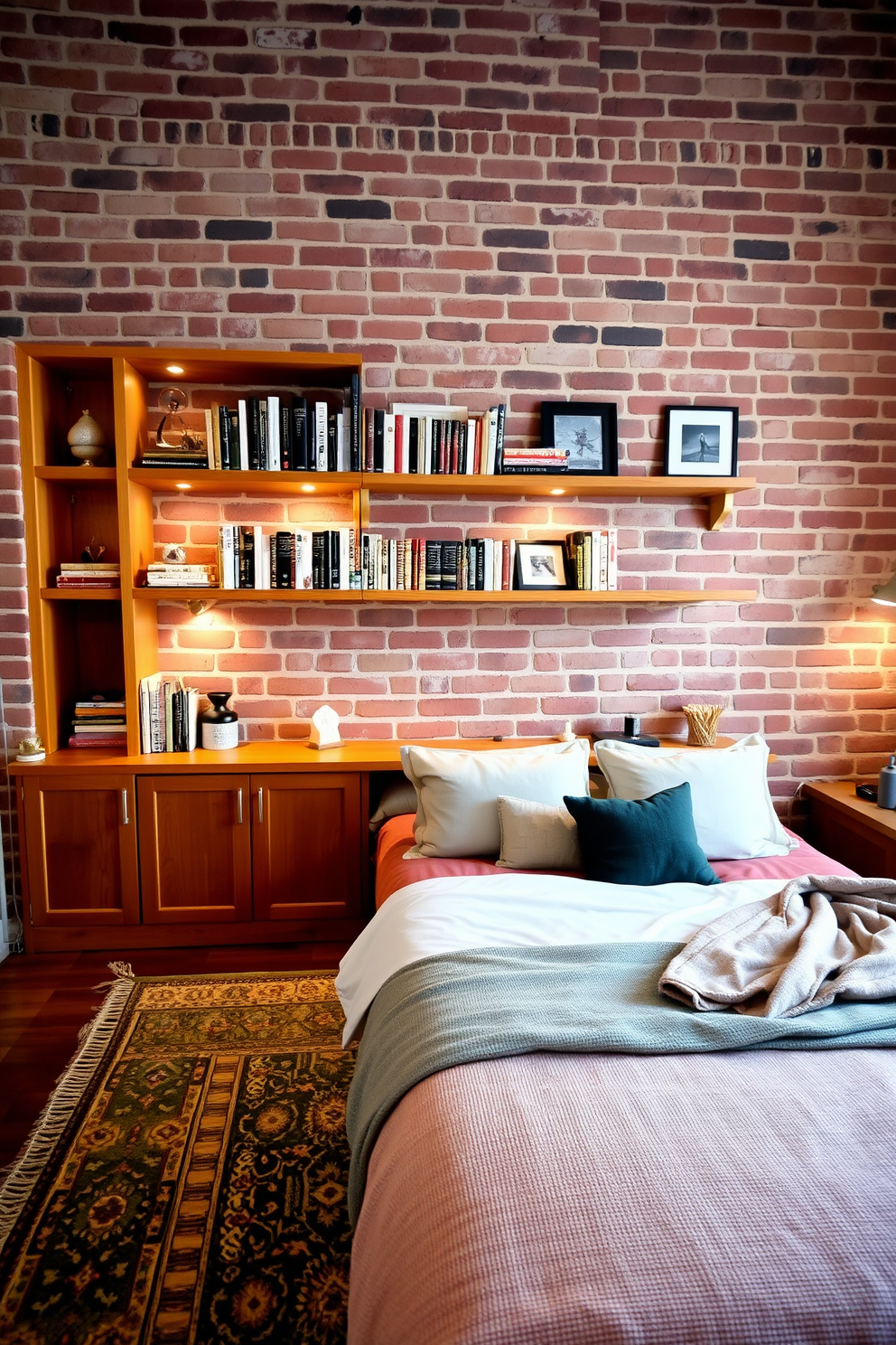 A cozy bedroom featuring a rustic brick wall that serves as a backdrop for a built-in bookcase filled with an array of books and decorative items. The bookcase is framed with warm wooden shelves, and a comfortable bed is positioned against the wall, adorned with plush pillows and a soft throw blanket. The room is illuminated by soft ambient lighting, creating a relaxing atmosphere. A stylish area rug lies beneath the bed, complementing the earthy tones of the brick and enhancing the overall aesthetic of the space.