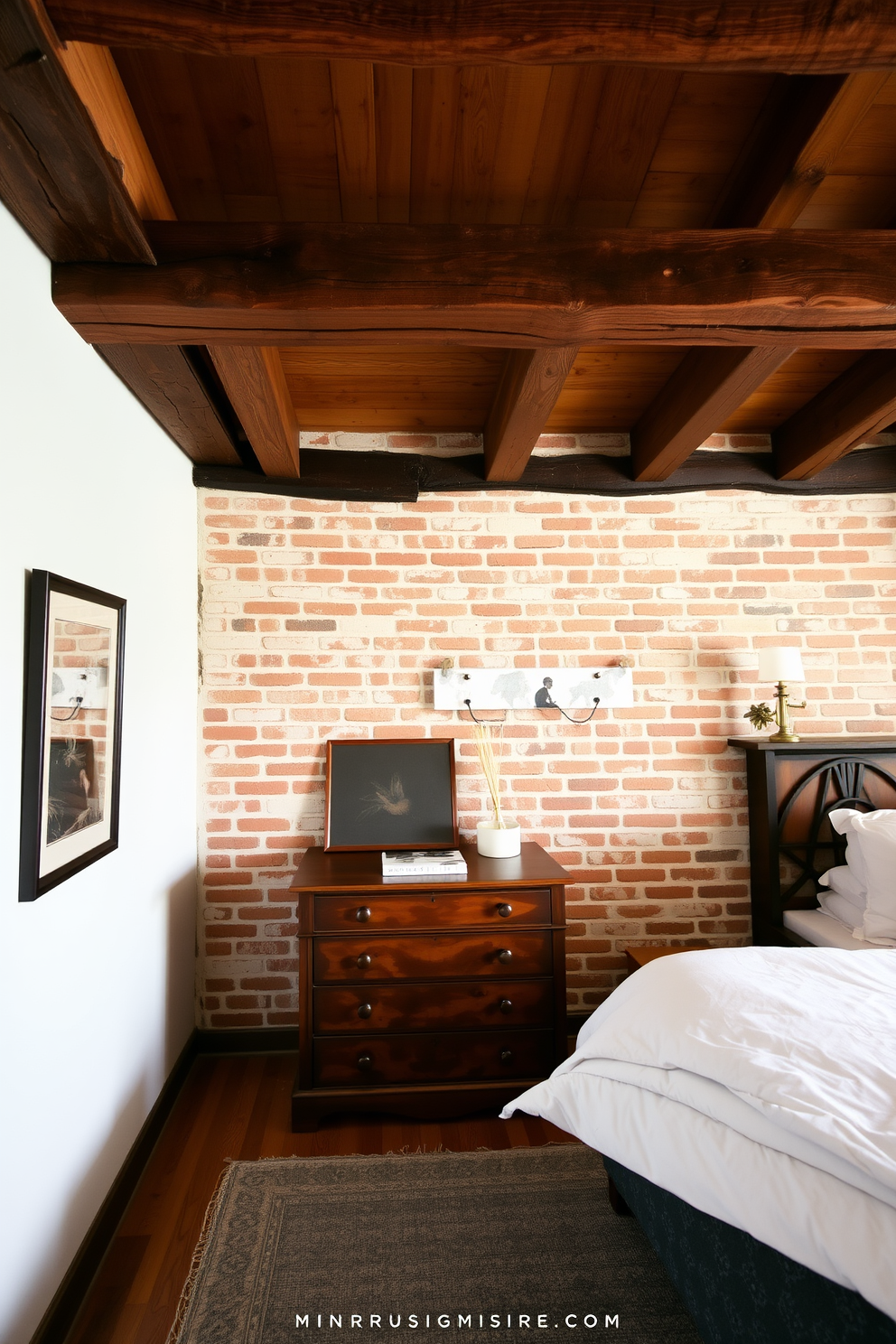 A cozy bedroom featuring white bedding that contrasts beautifully against a rustic brick wall. The brick wall adds warmth and texture, creating an inviting atmosphere for relaxation.