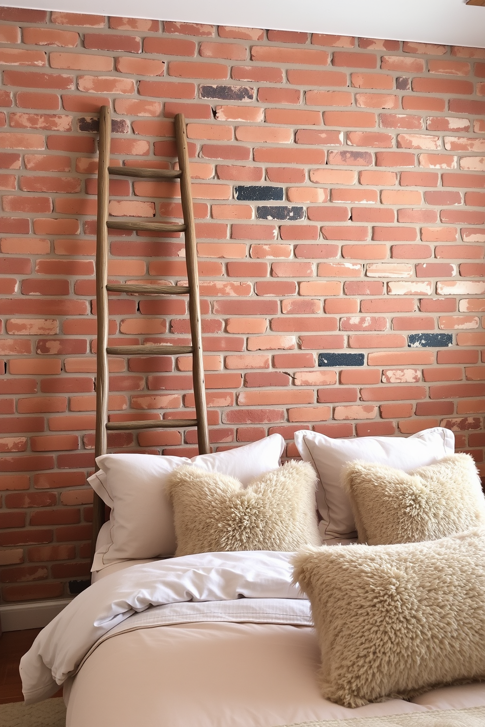 A decorative ladder leans gracefully against a rustic brick wall in a cozy bedroom. The warm tones of the brick contrast beautifully with soft, neutral bedding and plush throw pillows on the bed.