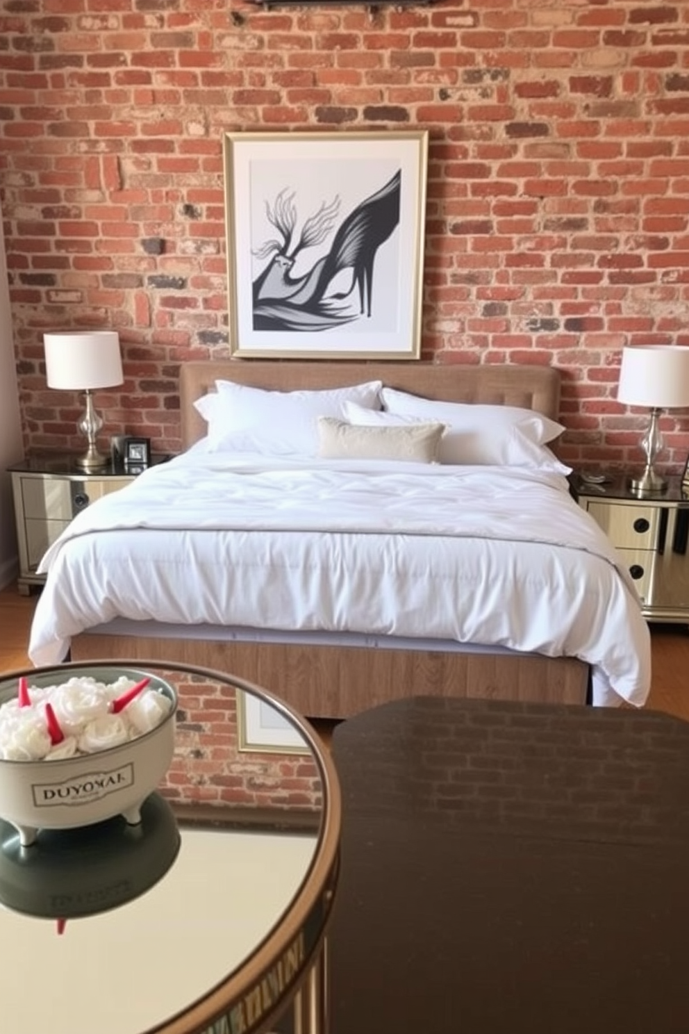 A cozy bedroom featuring mirrored furniture that beautifully reflects the rustic charm of exposed brick walls. The space is adorned with a plush bed dressed in soft linens, complemented by bedside tables with reflective surfaces that enhance the room's warmth.