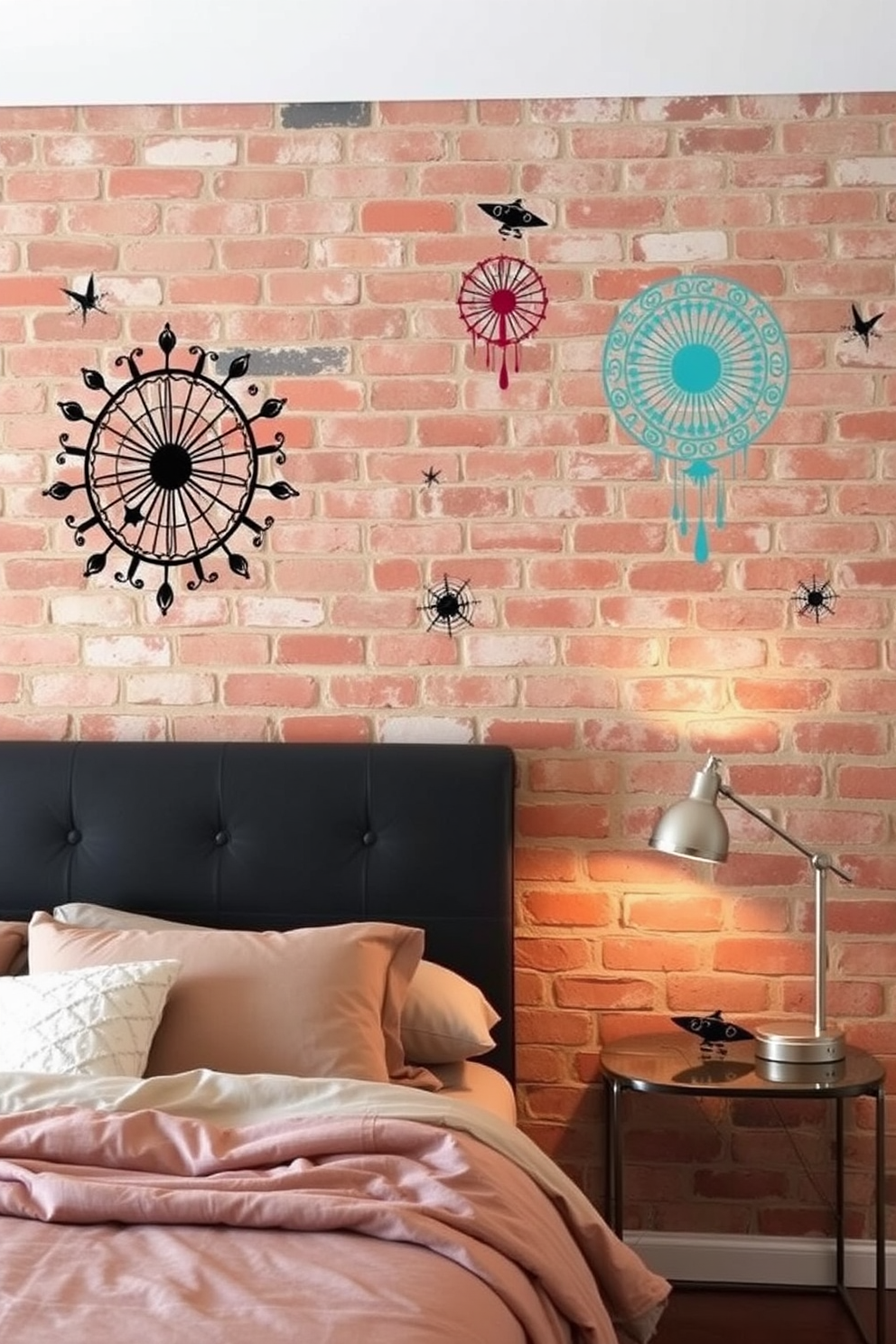 A cozy bedroom featuring floor-to-ceiling bookshelves that line the walls, filled with an array of colorful books and decorative items. The backdrop consists of a rustic brick wall that adds warmth and character to the space, complemented by soft lighting that creates a welcoming ambiance.