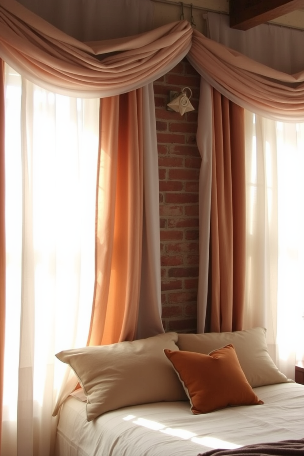 Layered curtains softly drape over a brick wall, creating a warm and inviting atmosphere. The curtains feature a combination of sheer and heavy fabrics, allowing natural light to filter gently into the space. The brick wall serves as a striking backdrop, adding texture and character to the bedroom. Complementing the rustic feel, the room is furnished with a plush bed adorned with cozy linens and accent pillows.