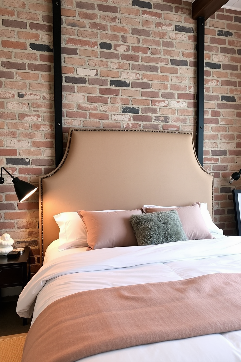 A unique headboard design is prominently featured against a rustic brick wall, creating a striking focal point in the room. The headboard is upholstered in a rich velvet fabric, adding a touch of luxury to the industrial backdrop. The bedroom is adorned with minimalist decor that complements the raw texture of the brick. Soft lighting fixtures are strategically placed to enhance the warmth of the space, creating an inviting atmosphere.