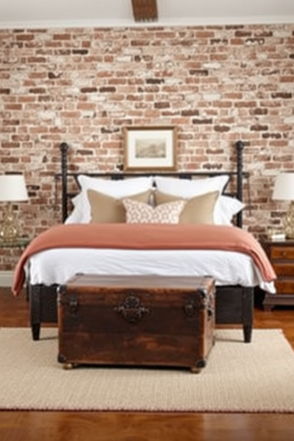 A vintage trunk sits elegantly at the foot of the bed adding character to the room. The backdrop features a charming brick wall that enhances the rustic ambiance of the bedroom.