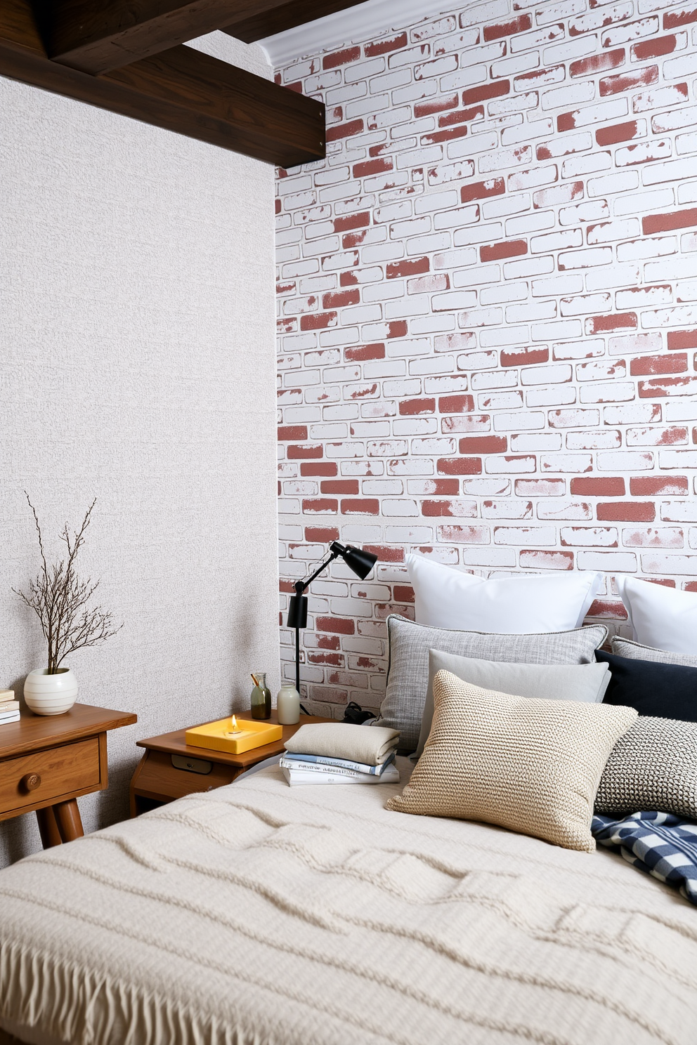 A cozy bedroom featuring textured wallpaper that beautifully complements the exposed brick wall. The room includes a plush bed with layered bedding, soft lighting, and wooden accents to enhance the warm atmosphere.