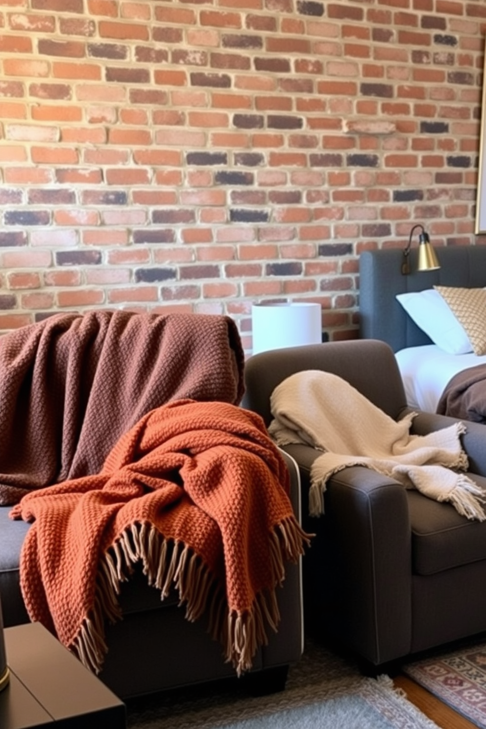 Cozy throw blankets are casually draped over a plush sofa and an armchair, adding warmth to the inviting space. The room features soft lighting that enhances the comfort of the furnishings, creating a perfect nook for relaxation. The bedroom showcases a stylish brick wall that serves as a stunning backdrop for the bed. Complementing the industrial vibe, the decor includes a mix of modern and vintage elements, such as a sleek bedside table and an antique lamp.