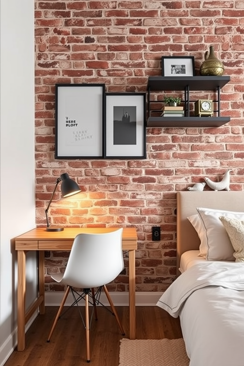 A cozy bedroom with a brick wall that adds character and warmth to the space. Vintage-inspired lighting fixtures hang from the ceiling, casting a soft glow across the room. The bed is dressed in luxurious linens with a mix of textures that invite relaxation. A rustic wooden nightstand complements the brick wall, showcasing a stylish lamp and personal decor.